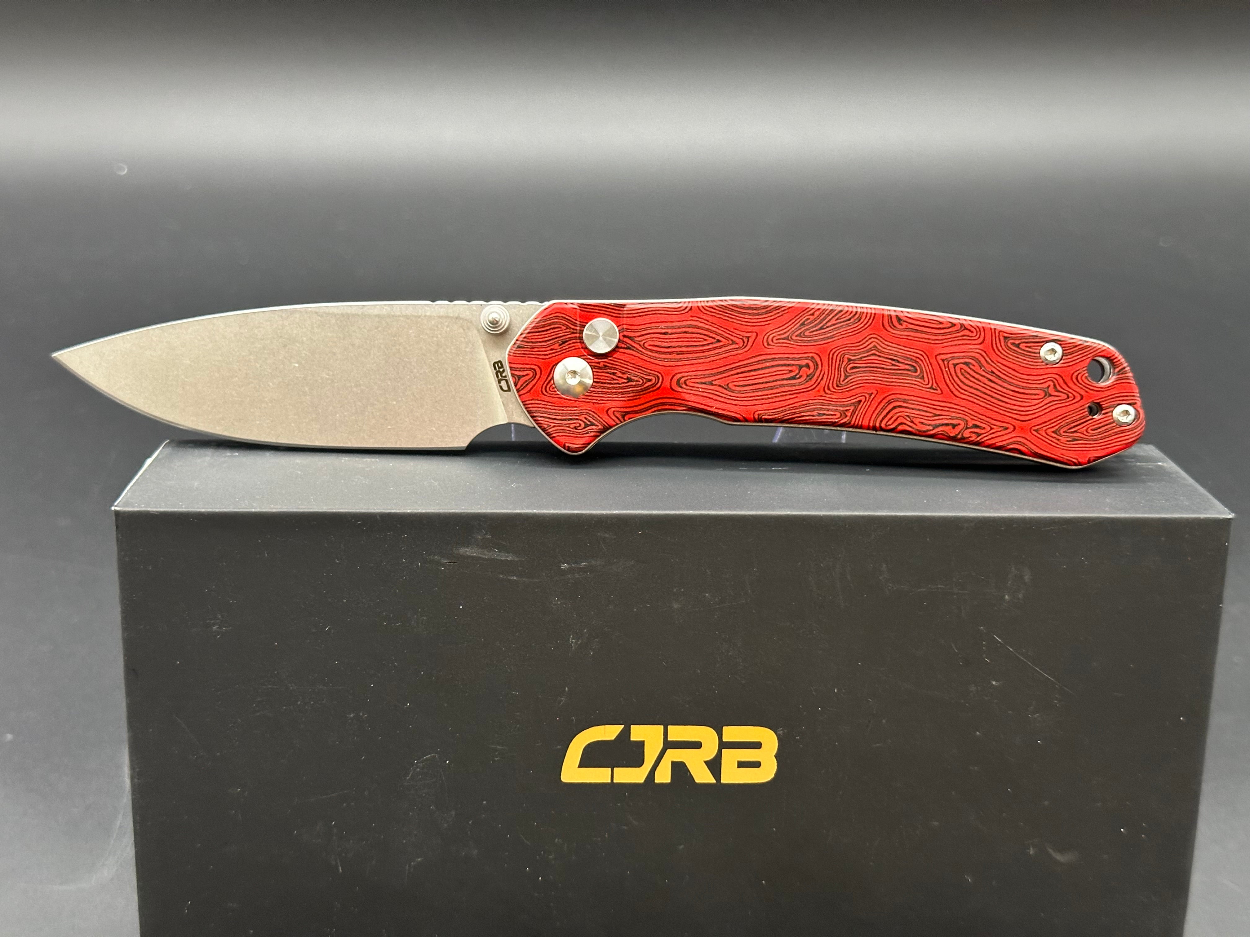 CJRB Pyrite Black & Red Damascus G10 Handle Folding Knife - AR RPM9 Steel Drop Point Plain Edge Stonewash Finish - EDC, Outdoor, Camping, Survival, and Everyday Carry