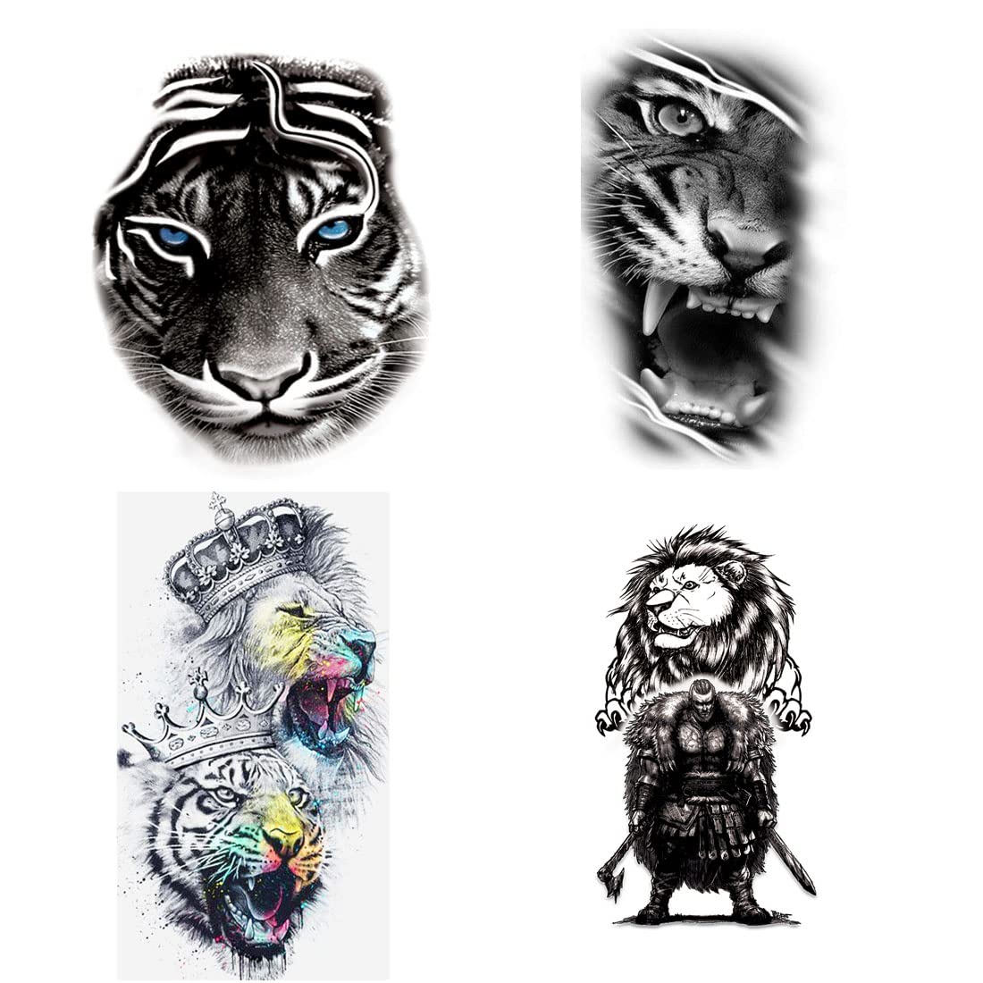 Lion & Tiger Kings Temporary Tattoo Stickers - Pack of 4 Waterproof Fake Tattoos for Men & Women (2x4 Inch) - Perfect for Parties, Festivals & Body Art