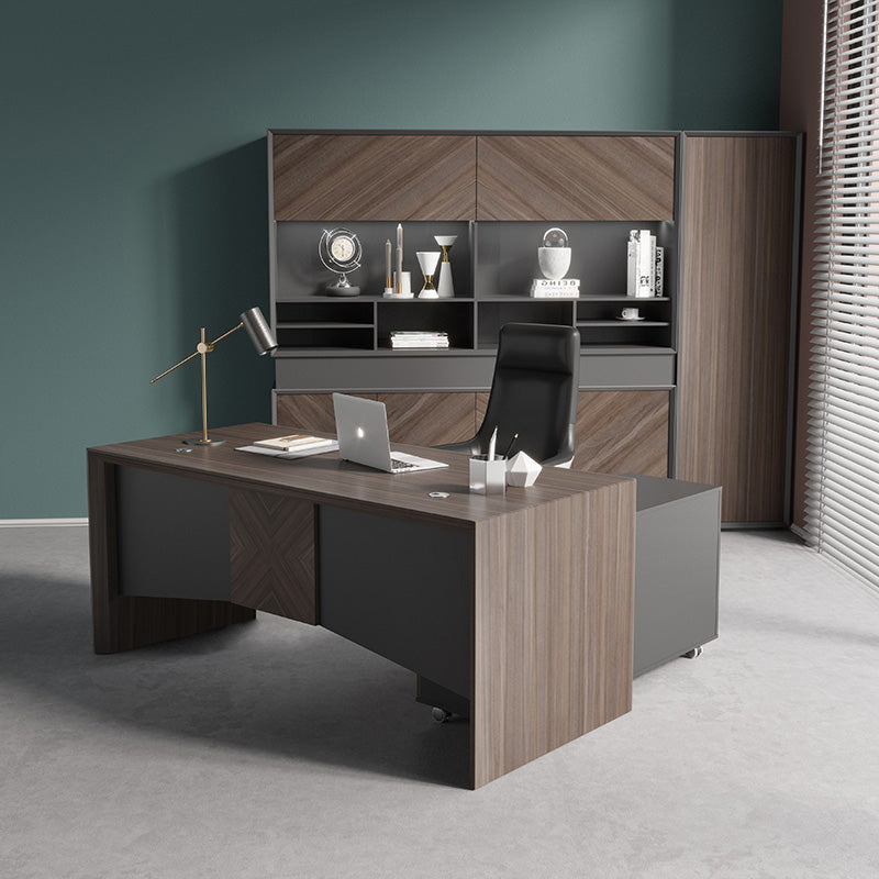 MONTE 180cm Executive Desk with Reversible Mobile Return - Hazelnut & Grey Finish - Modern Office Desk for Home & Business Workspaces