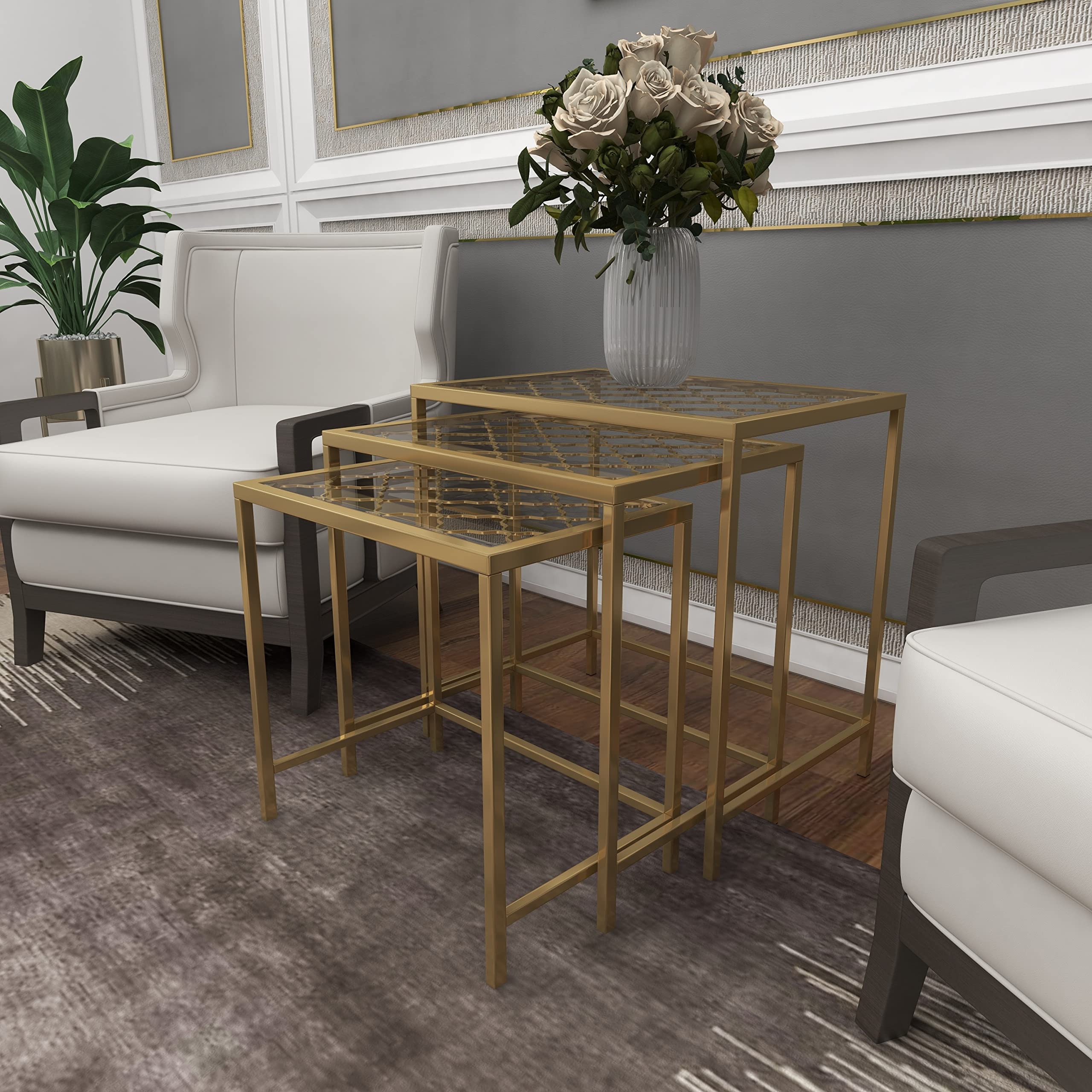 Deco 79 Modern Gold Metal Side End Tables with Clear Glass Top - Set of 3 Accent Tables (24