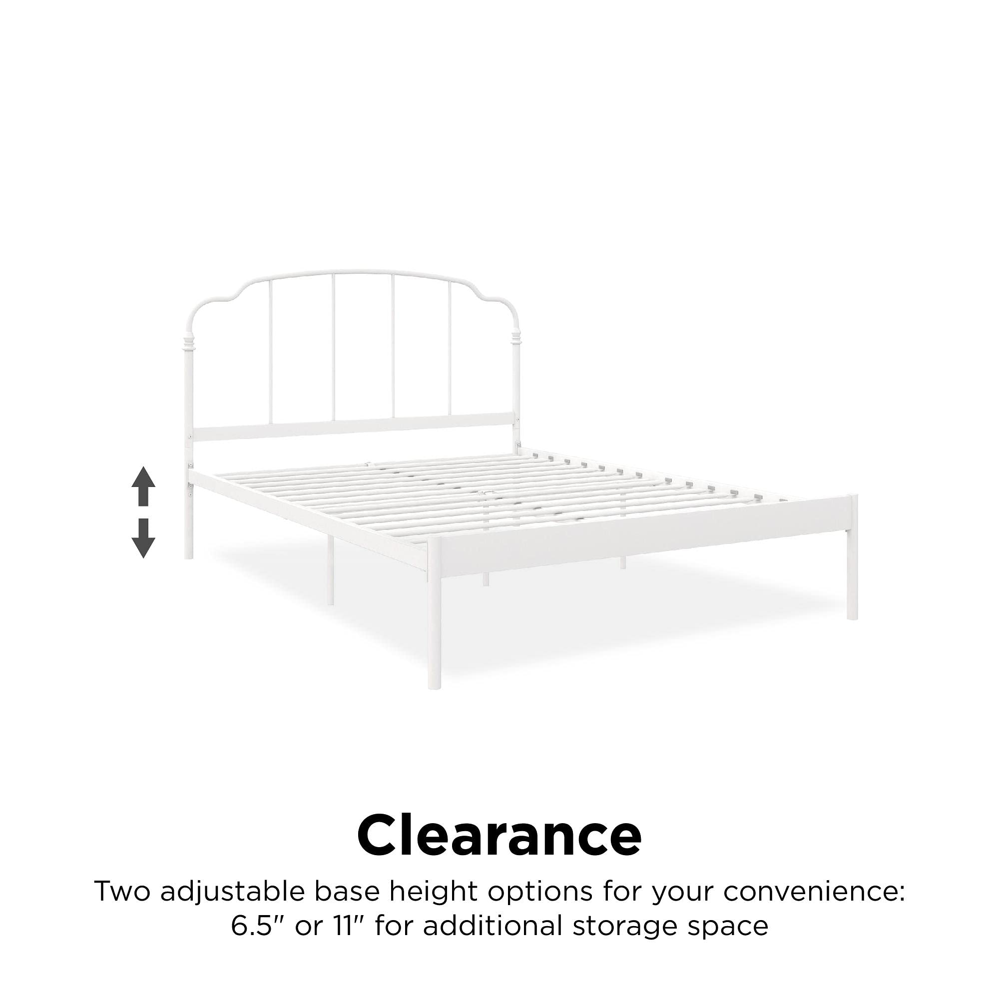 REALROOMS Camie Metal Platform Bed Frame with Adjustable Height, No Box Spring Required, Full Size, White - Perfect for Modern Bedrooms, Guest Rooms & Small Spaces