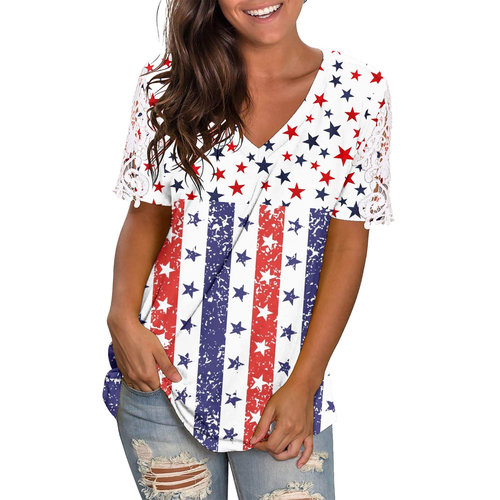 Women's 4th of July Lace Short Sleeve V-Neck T-Shirt - Summer Casual Lace Tee Top for BBQ, Beach & Patriotic Celebrations