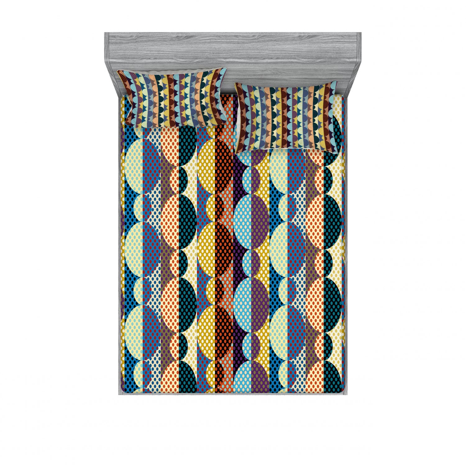 Ambesonne Retro 2-Pack Fitted Sheet & Pillow Sham Set - Polka Dots Circles Stripes Pattern, 4-Piece Queen Size Bedding Set (Includes 2 Fitted Sheets & 4 Pillow Covers) - Vibrant Multicolor Design for Bedroom Decor | Perfect for Guest Rooms, Vacation Homes & Cozy Bedroom Makeovers
