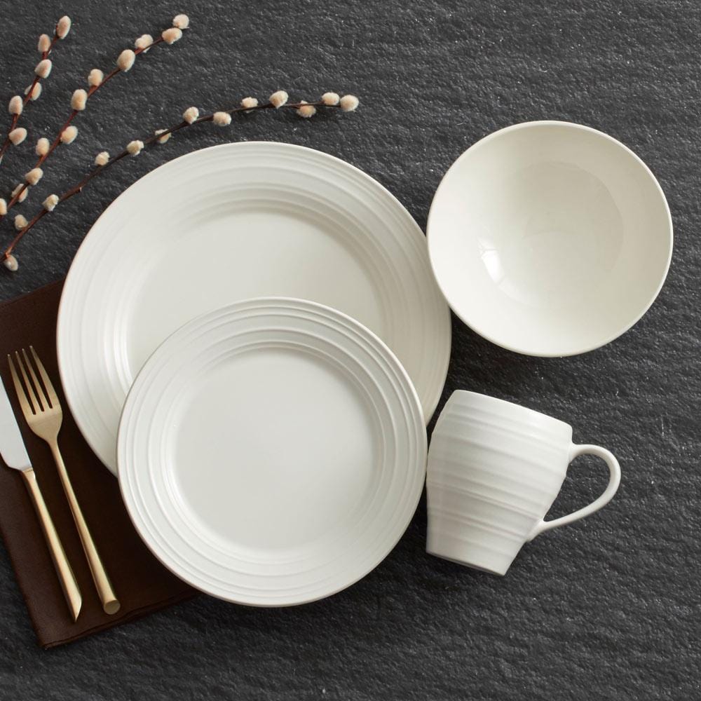 16-Piece Swirl White Dinnerware Set - Service for 4, Elegant Porcelain Plates, Bowls & Mugs - Perfect for Family Dinners, Entertaining Guests & Restaurant-Style Dining