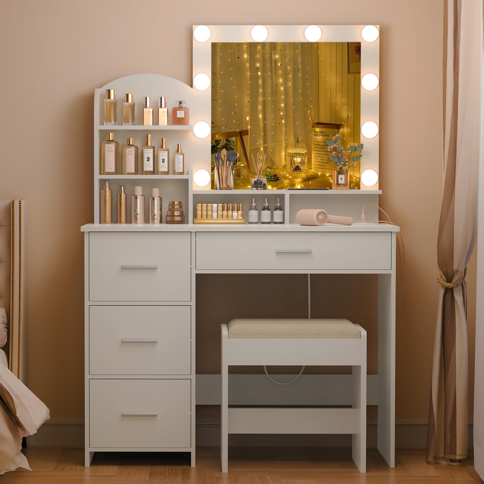 Quimoo 10-Light Makeup Vanity Desk with LED Mirror, 4 Drawers & USB Charging Station - White Vanity Set with Cushioned Stool for Bedroom, Dressing Room & Beauty Salon