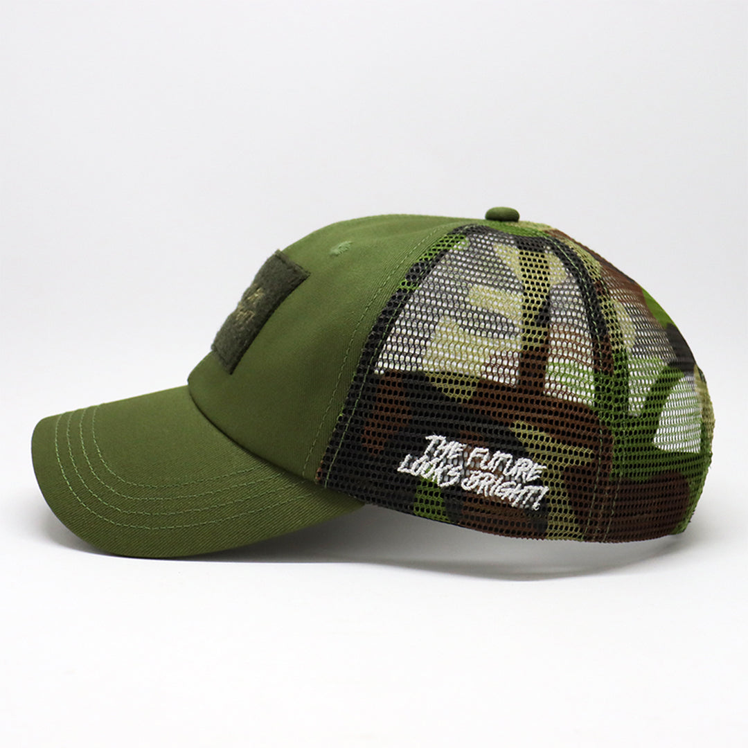Future Looks Bright Army Green Camo Trucker Snapback Hat - Adjustable Baseball Cap for Outdoor, Casual & Streetwear Style