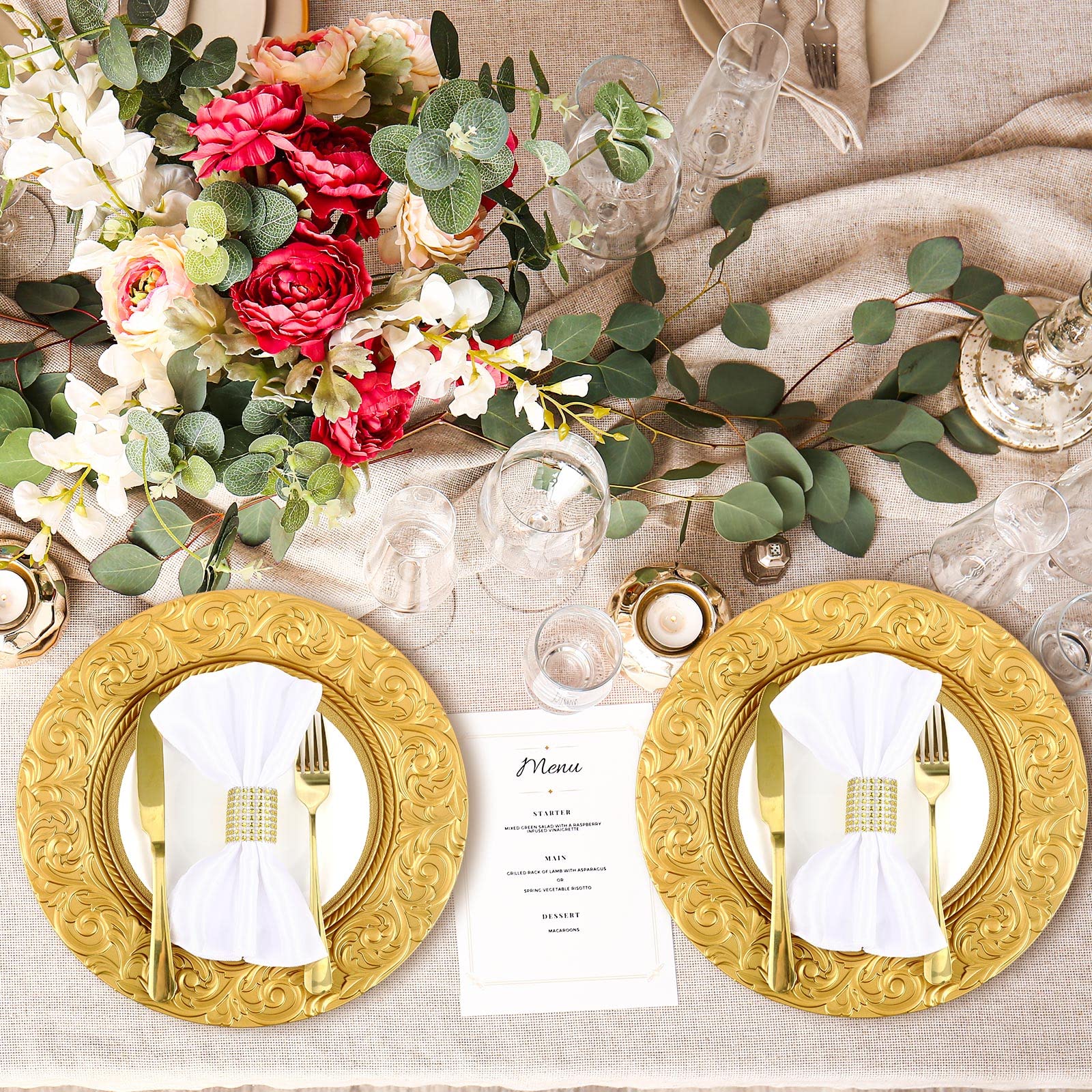 50 Pcs Antique Gold Charger Plates - 13 Inch Embossed Rim Plastic Decorative Dinner Plates for Wedding, Party & Event Table Setting - Elegant Tableware for Formal Dinners, Banquets and Holiday Celebrations