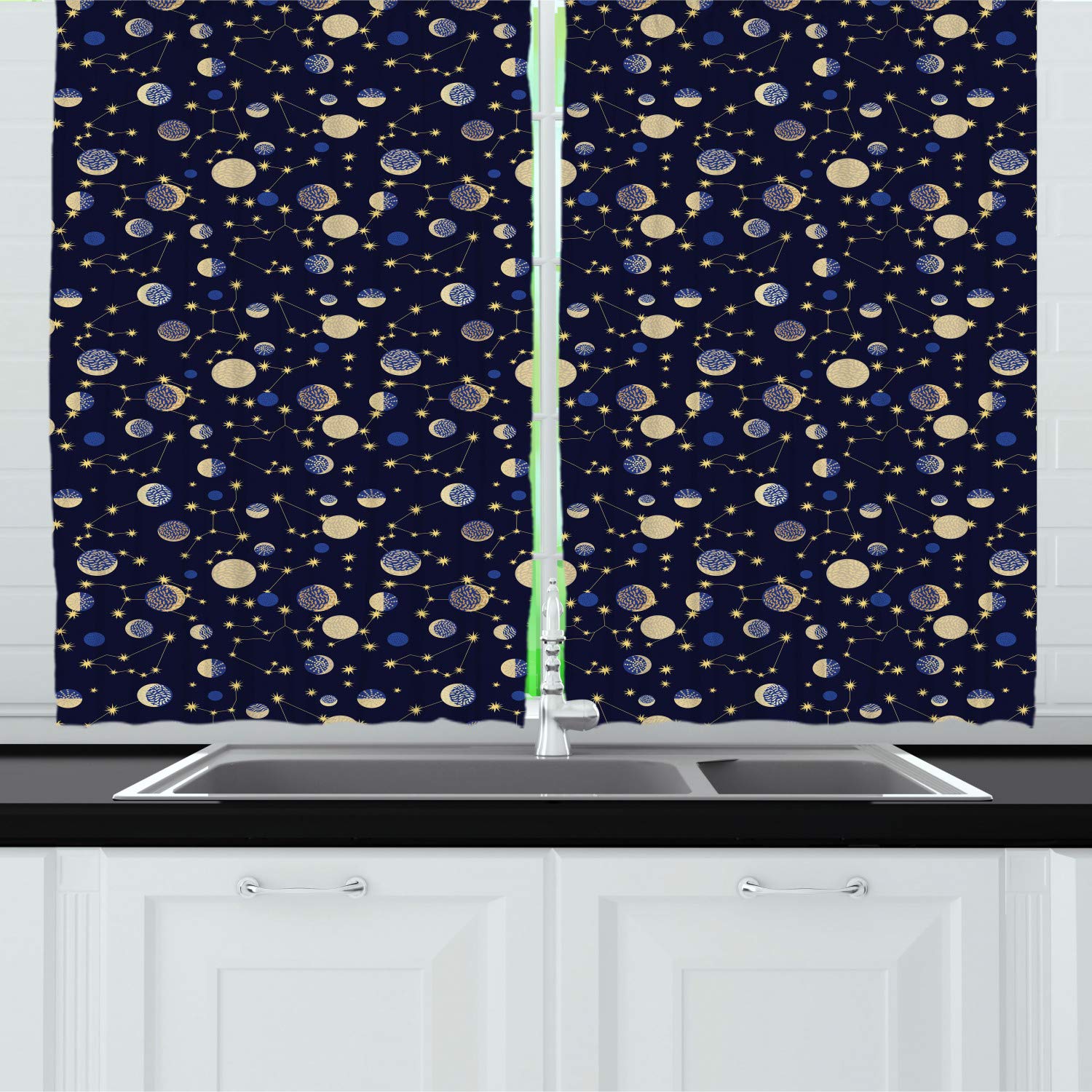 Ambesonne Moon and Star Clusters Kitchen Curtains - Retro Space Illustration Blackout Drapes with Rod Pocket, 55