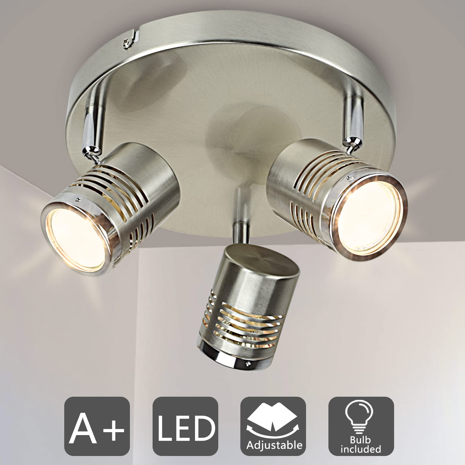 DLLT Industrial Directional Track LED Light - 3-Light Round Ceiling Spot Lighting for Living Room, Dining Room, Office, Bedroom, Picture Wall & Kitchen | Warm White 3000K | GU10 Bulbs Included | Perfect for Accent Lighting & Home Decor