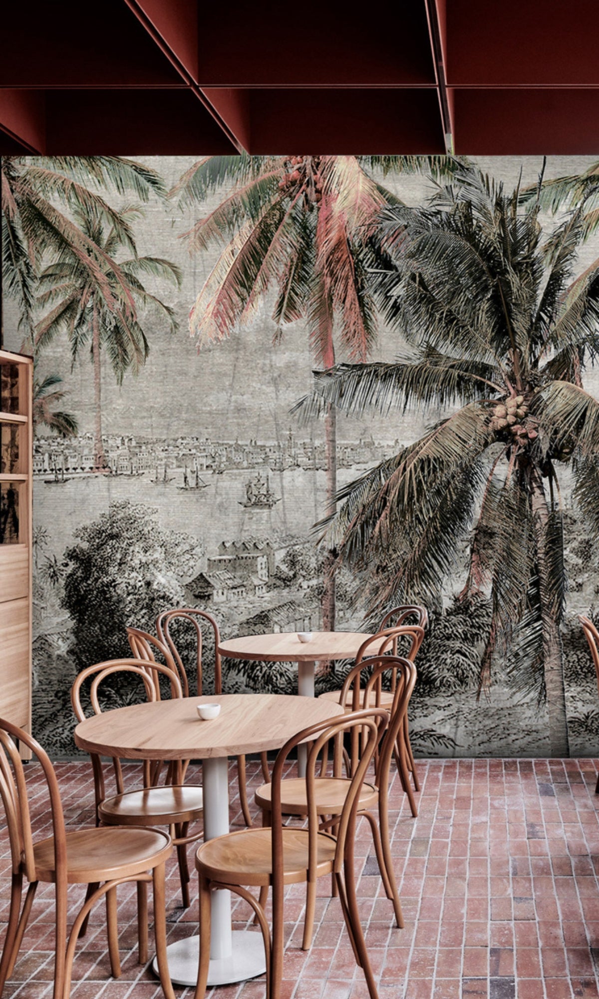Black and White Port City Palm Tree Mural Wallpaper M1178 Sample - Tropical Beach Theme for Living Room, Bedroom & Office Decor