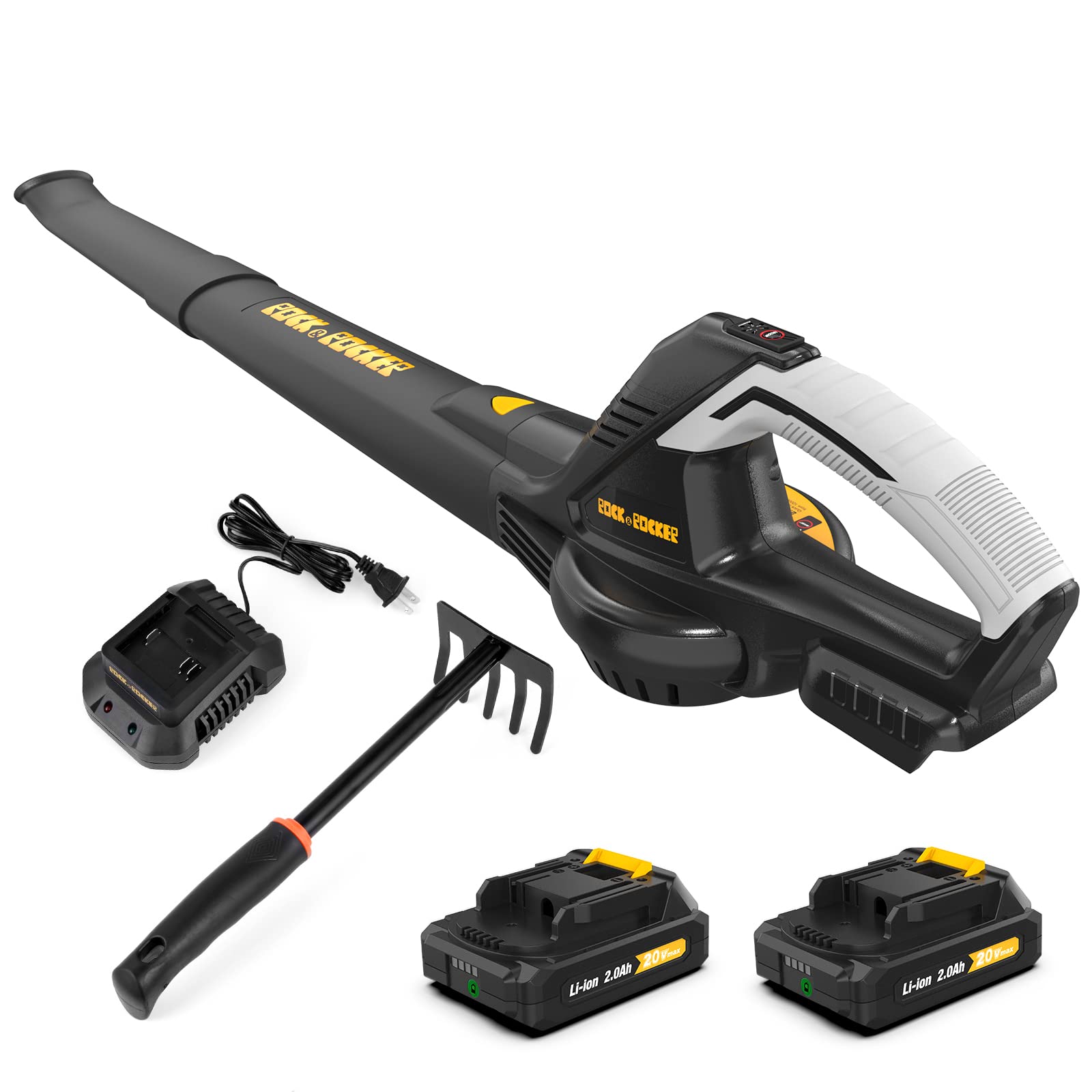 Rock&Rocker 20V Cordless Leaf Blower with 2 Batteries & Charger | 120MPH/170CFM | 6 Speed Settings | 2 Adjustable Tubes | Perfect for Lawn Care, Yard Work, Jobsite Cleanup & Patio Maintenance