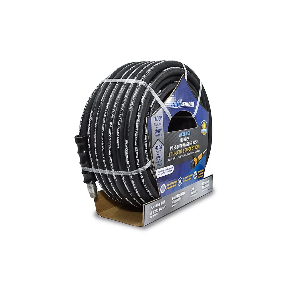 **BluShield Aramid Braided Rubber Pressure Washer Hose - 4100 PSI, 250°F Hot & Cold Water Resistant, Heavy Duty, 35% Lighter & Flexible (3/8