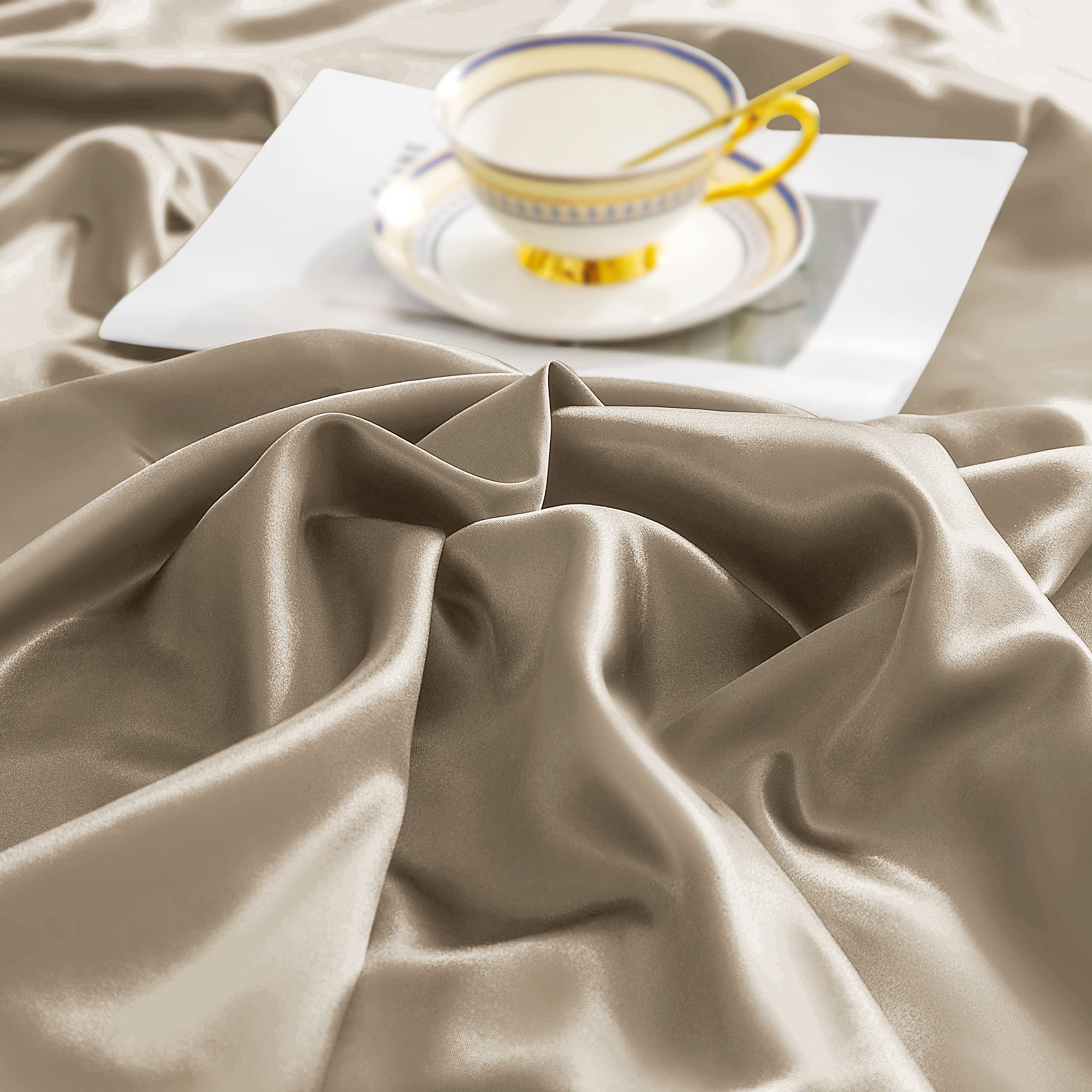 Premium 4-Piece Satin Sheet Set Full Size - Ultra Soft Cooling Bedding with 1 Fitted Sheet, 1 Flat Sheet & 2 Pillowcases - Luxury Taupe Satin Bed Sheets for Hot Sleepers - Perfect for Master Bedroom, Guest Room & Dorm Decor