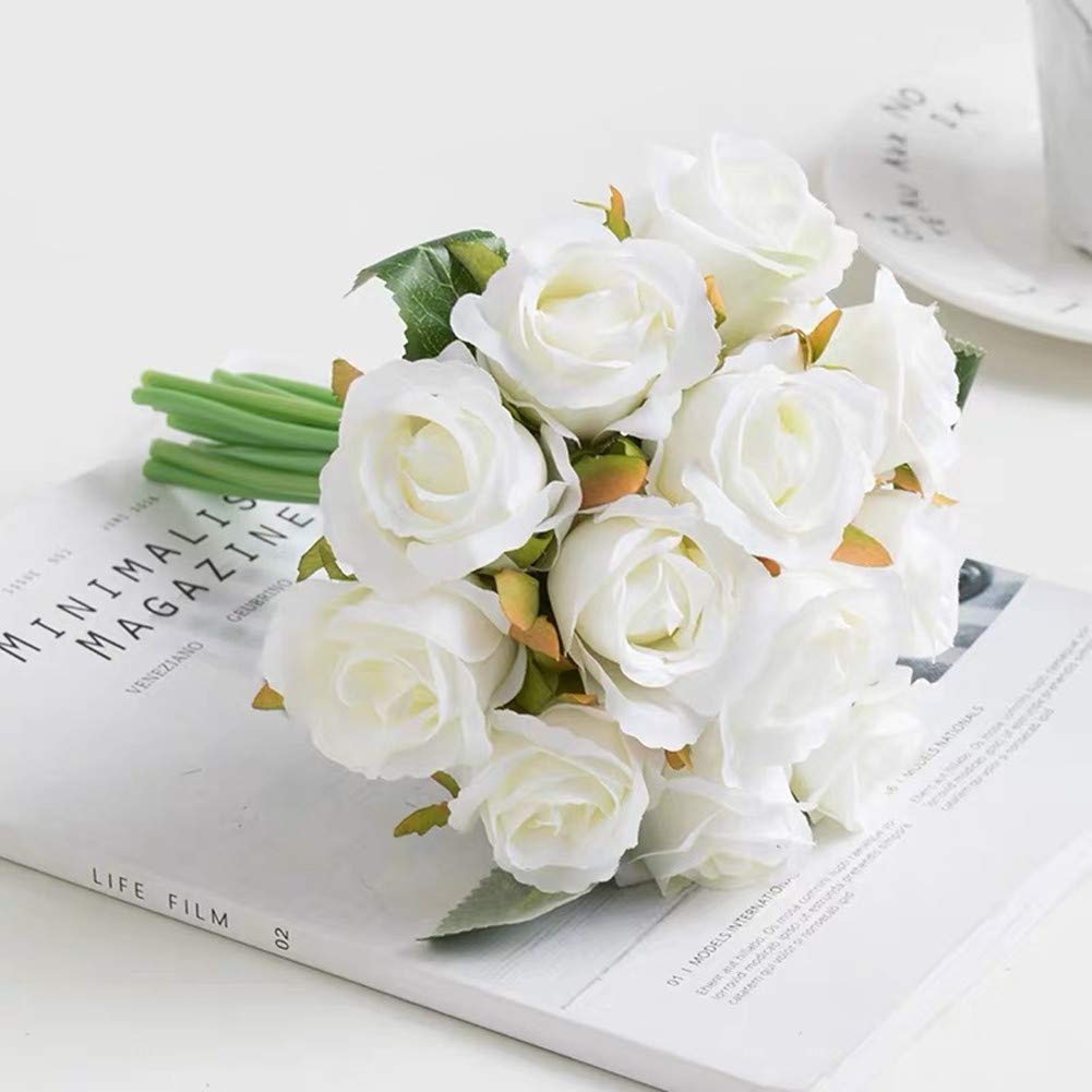 12 Pack Artificial Silk Roses - DIY Bouquet for Home, Office, Parties, Weddings & Table Centerpieces - Spring White (No Vase Included) | Perfect for Bridal Decor, Event Styling & Home Décor