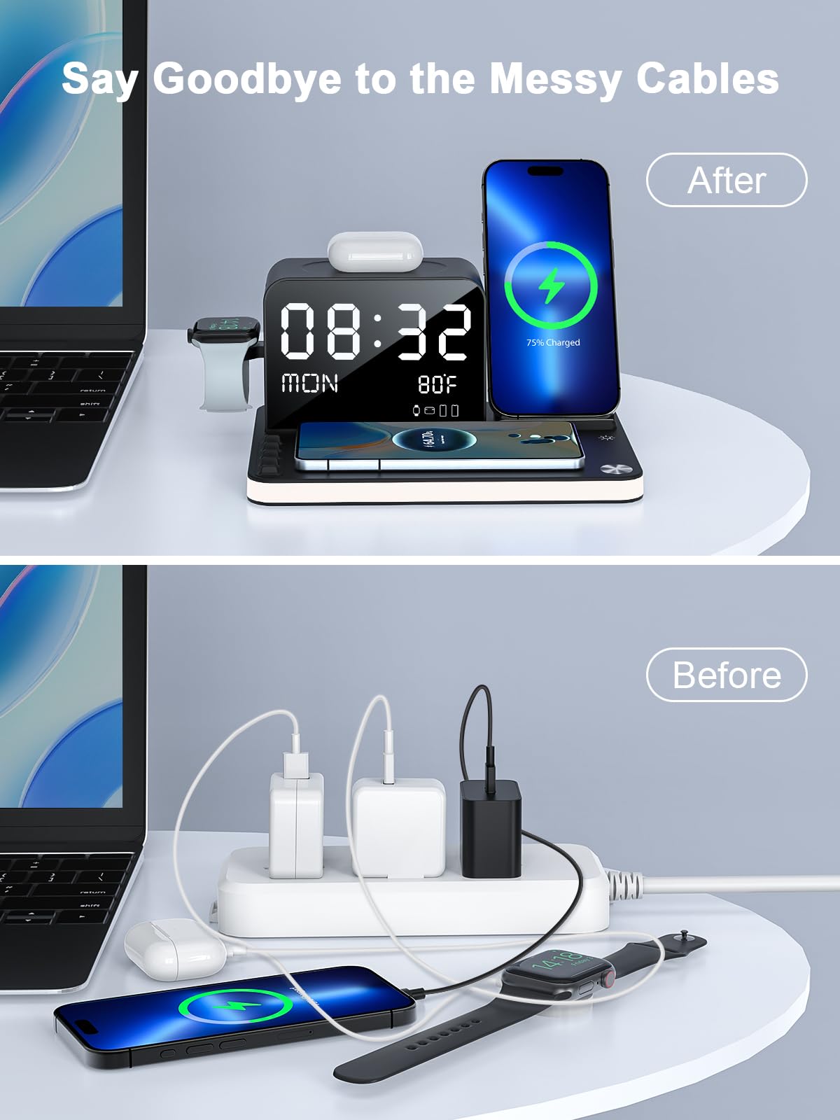 7-in-1 Wireless Charging Station for iPhone 16/15/14/13/12 Series, AirPods, iWatch & Android Phones - 33W Fast Charger with Night Light, Bluetooth TimeSync & Temperature Display | Perfect for Bedside, Office Desk & Travel Charging