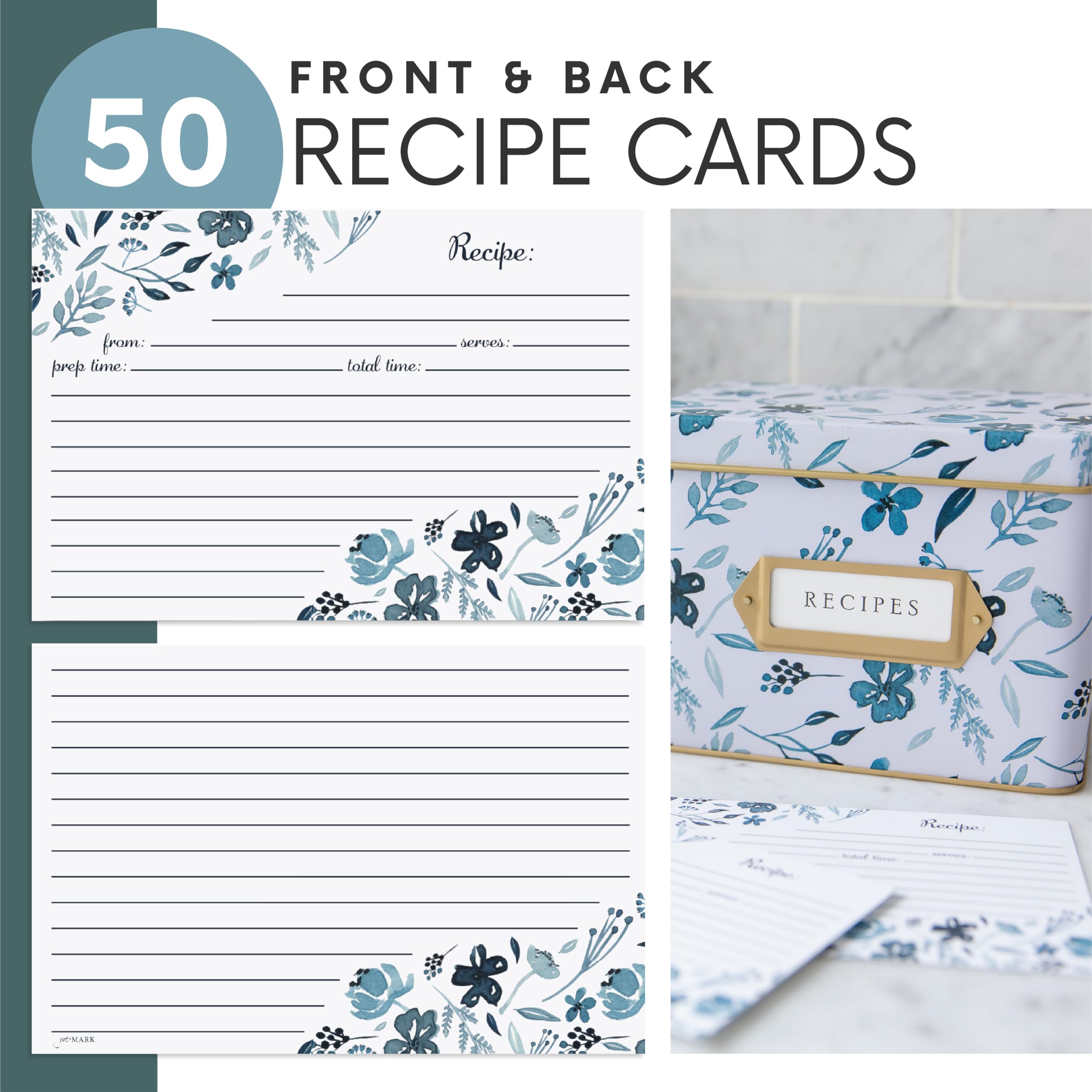 Jot & Mark Recipe Card Gift Box - 25 Pack 4x6 Inch Blank Recipe Cards with 14 Dividers & Decorative Tin Storage Box - Perfect for Organizing Family Recipes, Meal Planning, and DIY Cookbook Gifts