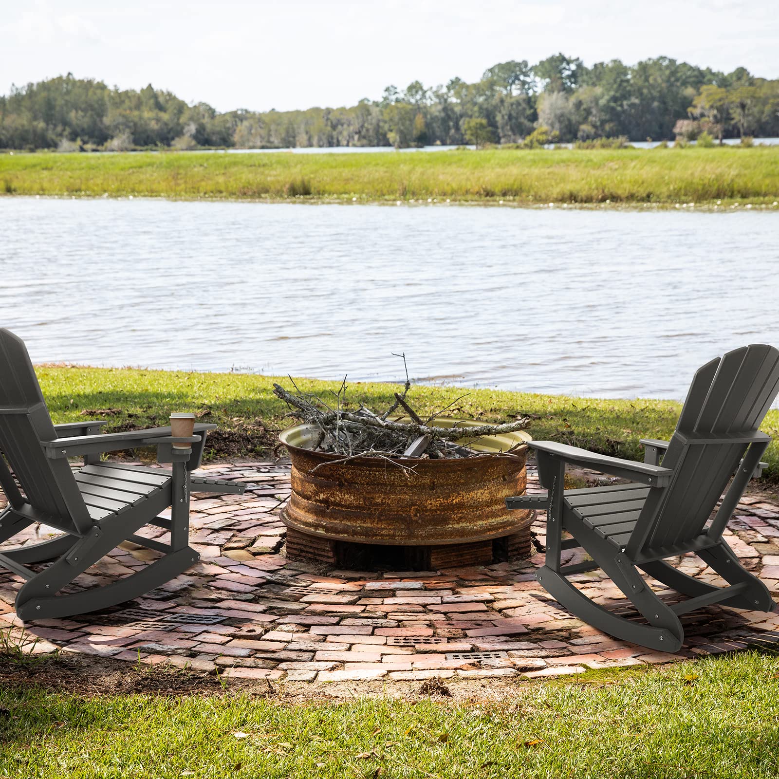 4-in-1 Folding Adirondack Chair with Ottoman & Cup Holder - 350 LBS Weight Capacity, Weather-Resistant Plastic Outdoor Rocking Chair for Adults - Perfect for Patio, Garden, Poolside & Fire Pit Relaxation