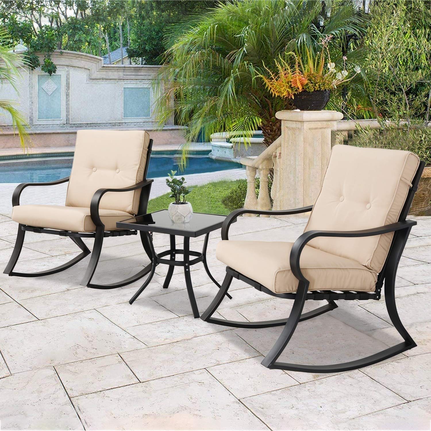 Outdoor 3-Piece Metal Bistro Set with Coffee Table - Black/Brown Iron Patio Furniture with Cushions | Perfect for Garden, Backyard, Balcony & Poolside Relaxation