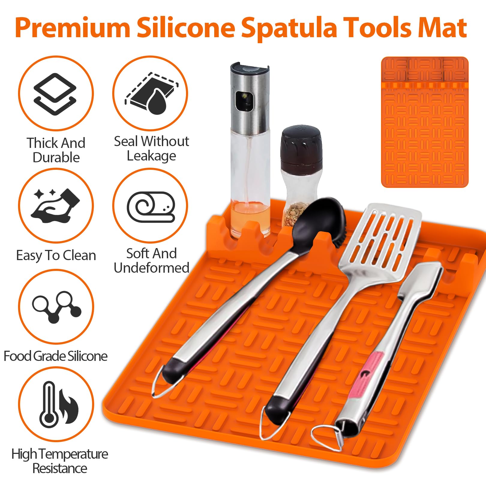 Non-Slip Silicone Griddle Tools Mat for Blackstone Grill - Food Grade Spatula Mat with Drip Pad & Side Shelf Protector - BBQ Utensils Holder for Multiple Grill Tools (Orange) - Perfect for Outdoor Cooking, Camping & Backyard BBQs