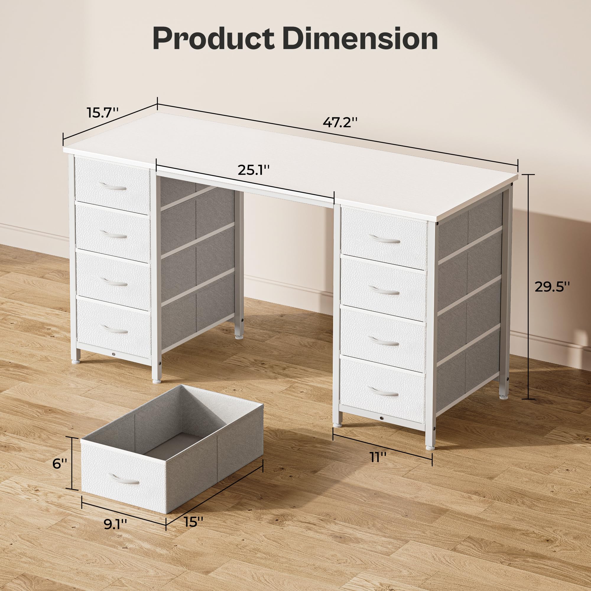Huuger 47 Inch White Vanity Desk with 8 Fabric Drawers - Spacious Computer Desk for Home Office & Bedroom - Perfect for Makeup, Work, and Study with Ample Storage Space