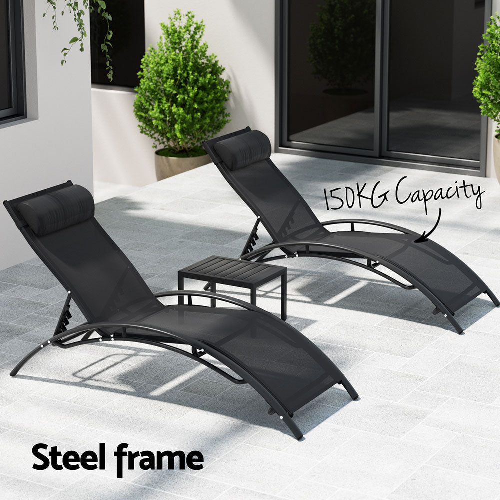 3-Piece Black Sun Lounger Set - Outdoor Patio Furniture for Poolside, Beach, and Garden Relaxation