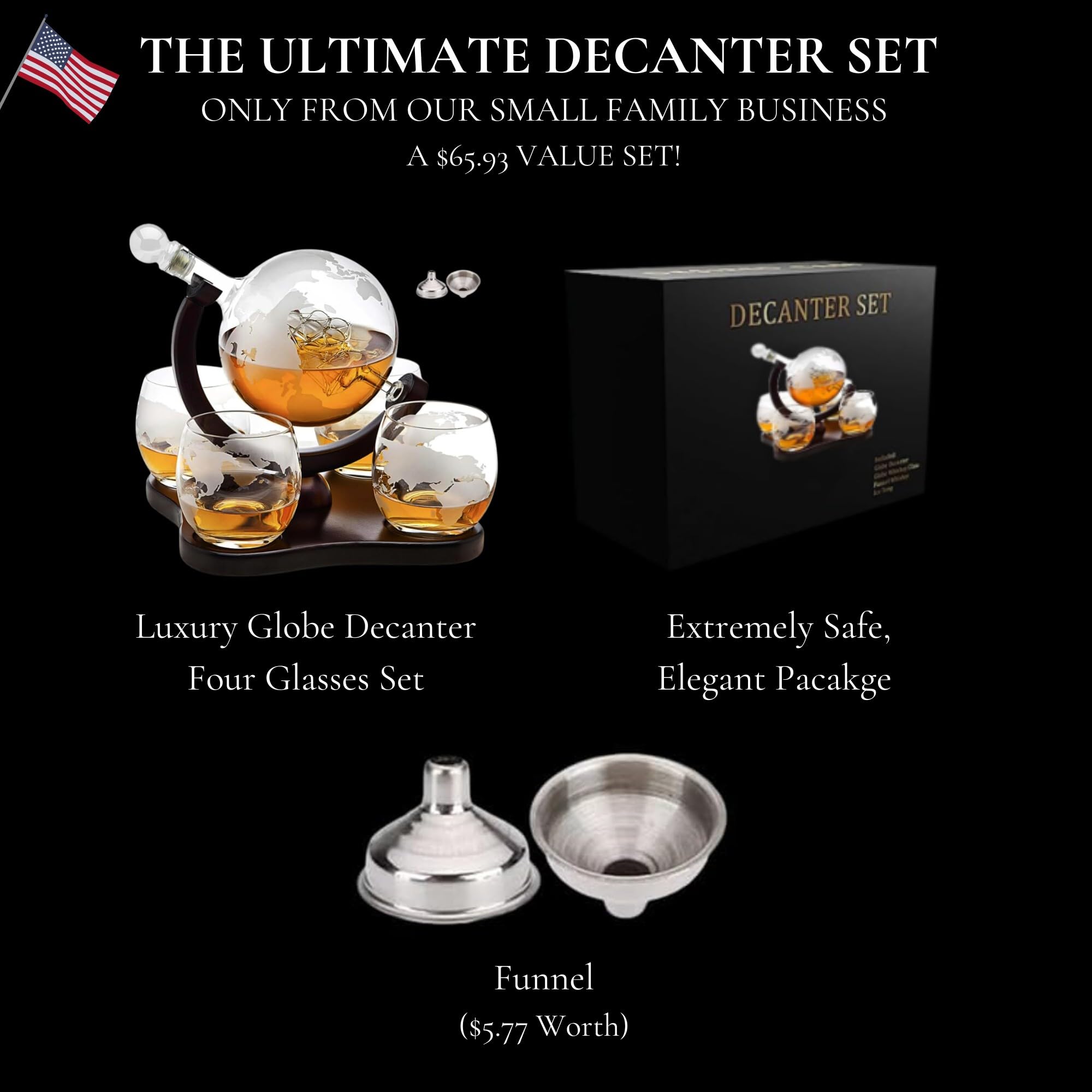 Premium Whiskey Decanter Globe Set with 4 Etched Crystal Whisky Glasses - 850ml Liquor Decanter for Bourbon, Scotch, Vodka - Perfect Gift for Men, Dad, Husband & Home Bar, Man Cave Decor