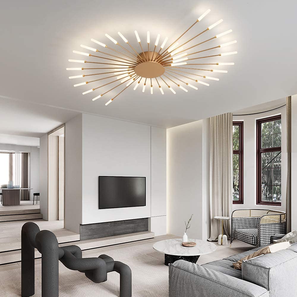 Modern Flower Shape Ceiling Light - Flush Mount LED Lighting Fixture for Living Room & Dining Room - Metal Acrylic Sputnik Firework Petal Design (Matte Gold, 42 Lights) - Perfect for Home Decor, Bedroom Lighting, and Office Spaces