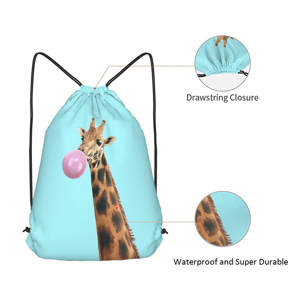 Funny Giraffe Drawstring Backpack - Adorable Animal Print Gym Sack for Men & Women | Perfect for Yoga, Sports, Travel & Beach | Cool Blue Wild African Design with Bubble Gum Theme