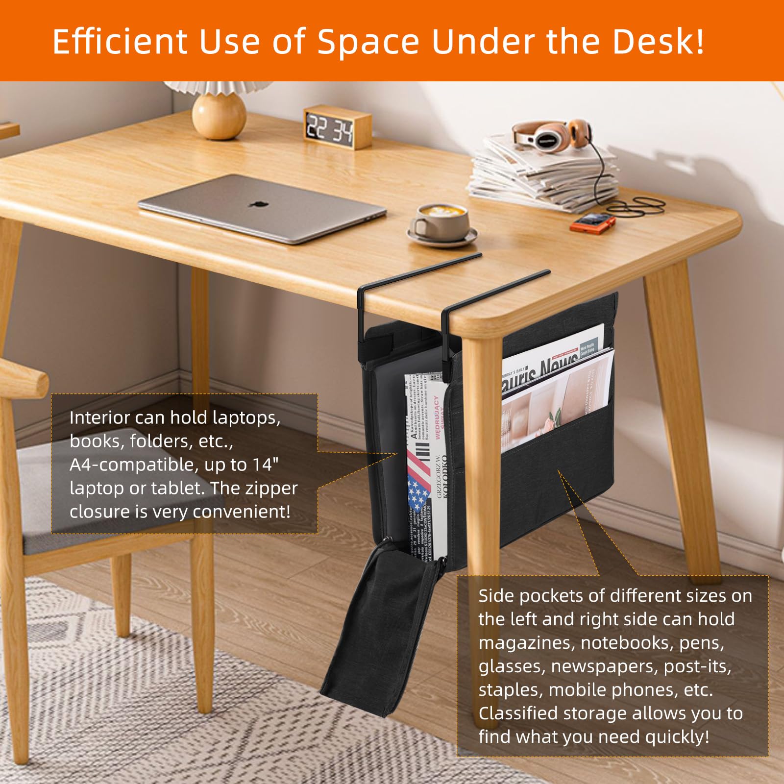 MASTLU Under Desk Hanging Storage Bag - Black Office Organizer with Detachable Handle, Fits A4 Files, No Assembly Needed for Home, School & Workspace | Perfect for Desk Accessories, File Storage & Workspace Organization