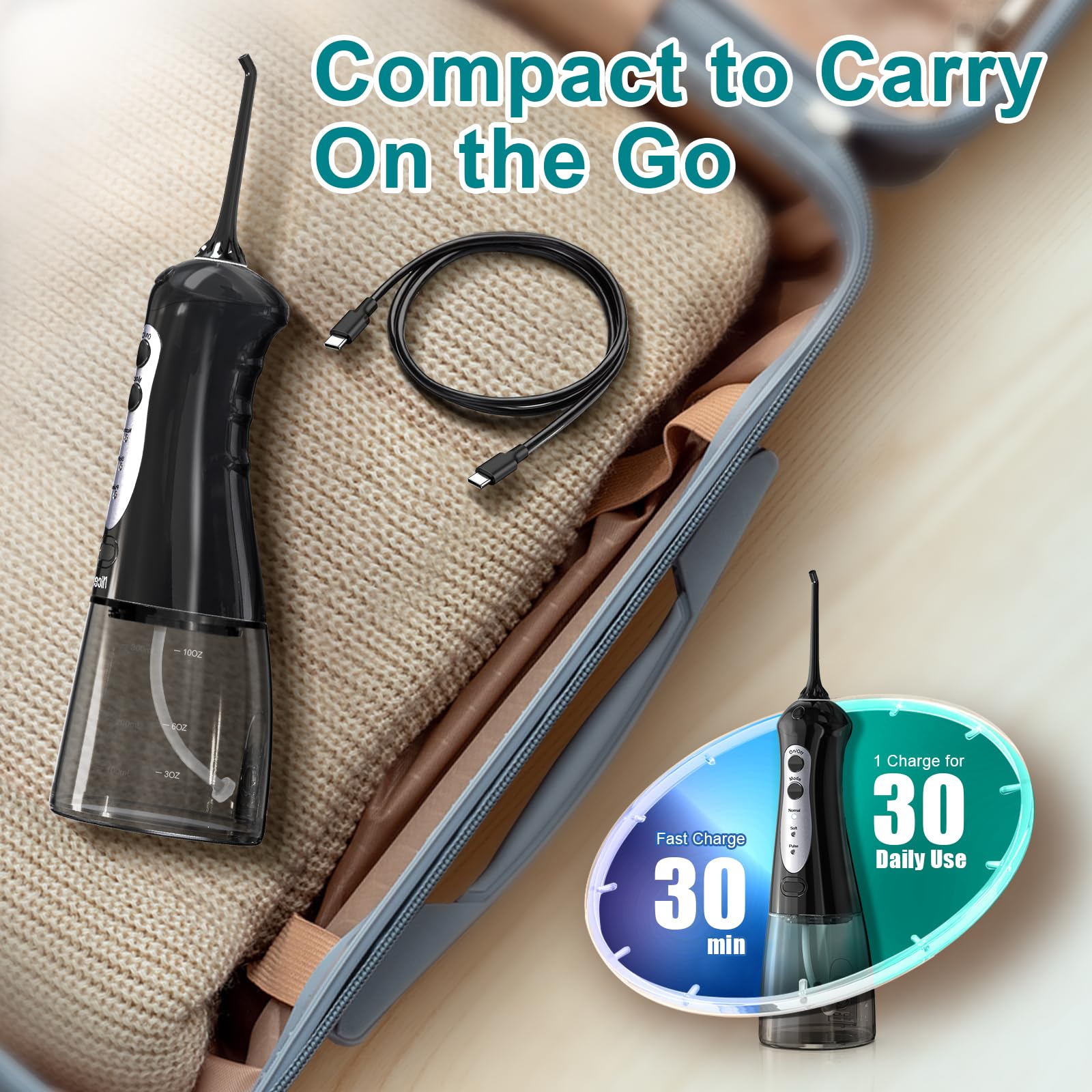 Nicefeel Cordless Water Dental Flosser - 300ML Portable Oral Irrigator with 3 Cleaning Modes, IPX7 Waterproof & Fast Charge for Teeth Cleaning, Tonsil Stones - Perfect for Home & Travel Oral Care