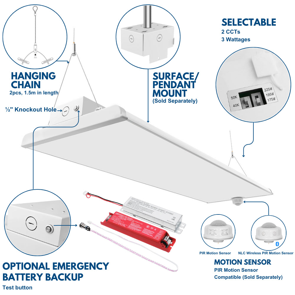 ALTA LED High Bay Light 4FT – 225W/195W/175W – 37,600 Lumens – 5000K/4000K Selectable – 120-277V – 600W Equivalent – Perfect for Warehouses, Garages & Industrial Spaces