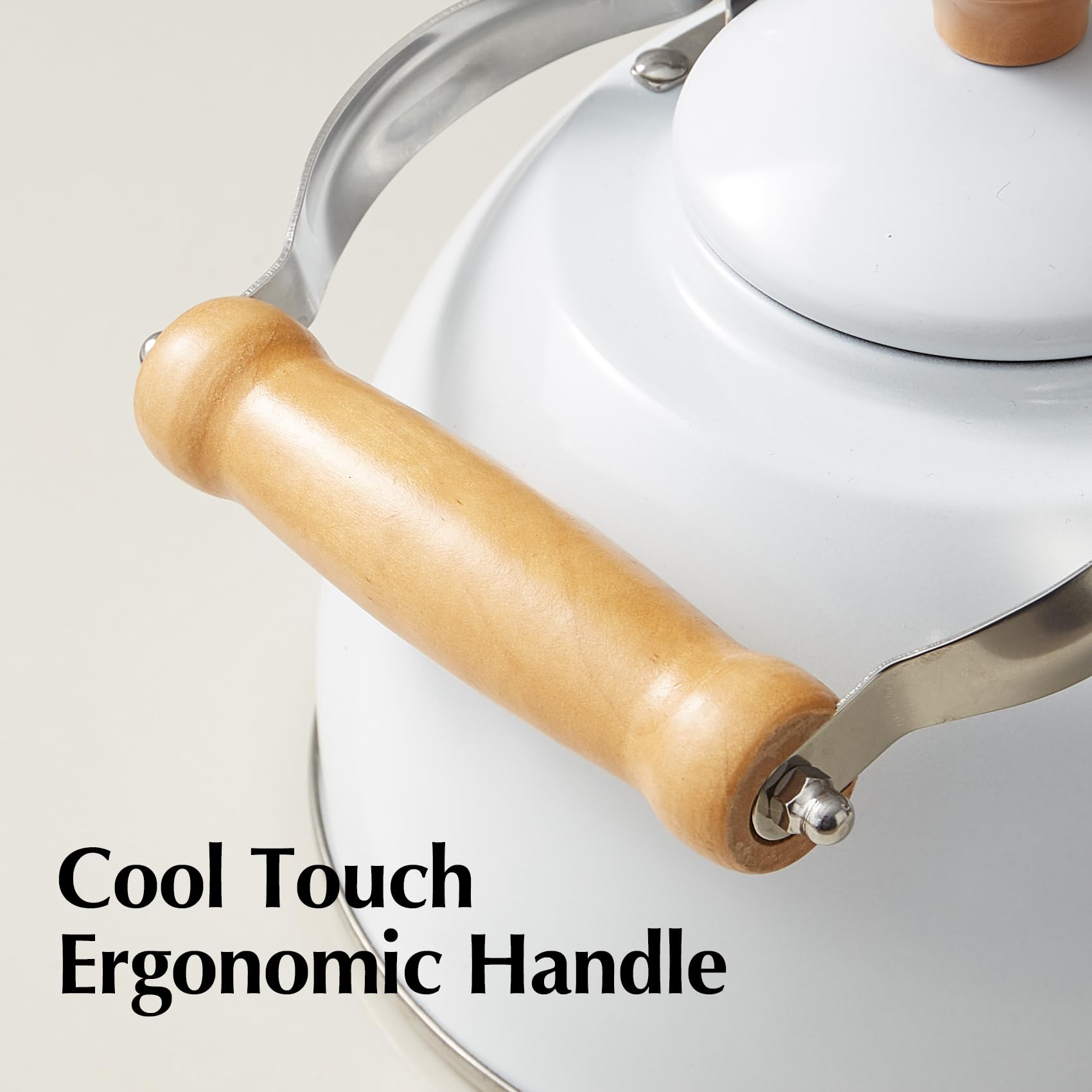 ROCKURWOK 1.6 Quart Stainless Steel Whistling Tea Kettle - Cool Touch Ergonomic Handle, Stovetop Safe, Food Grade 18/8 Stainless Steel Teapot for Gas & Electric Stoves - Perfect for Home, Office, Camping & Tea Parties (White)