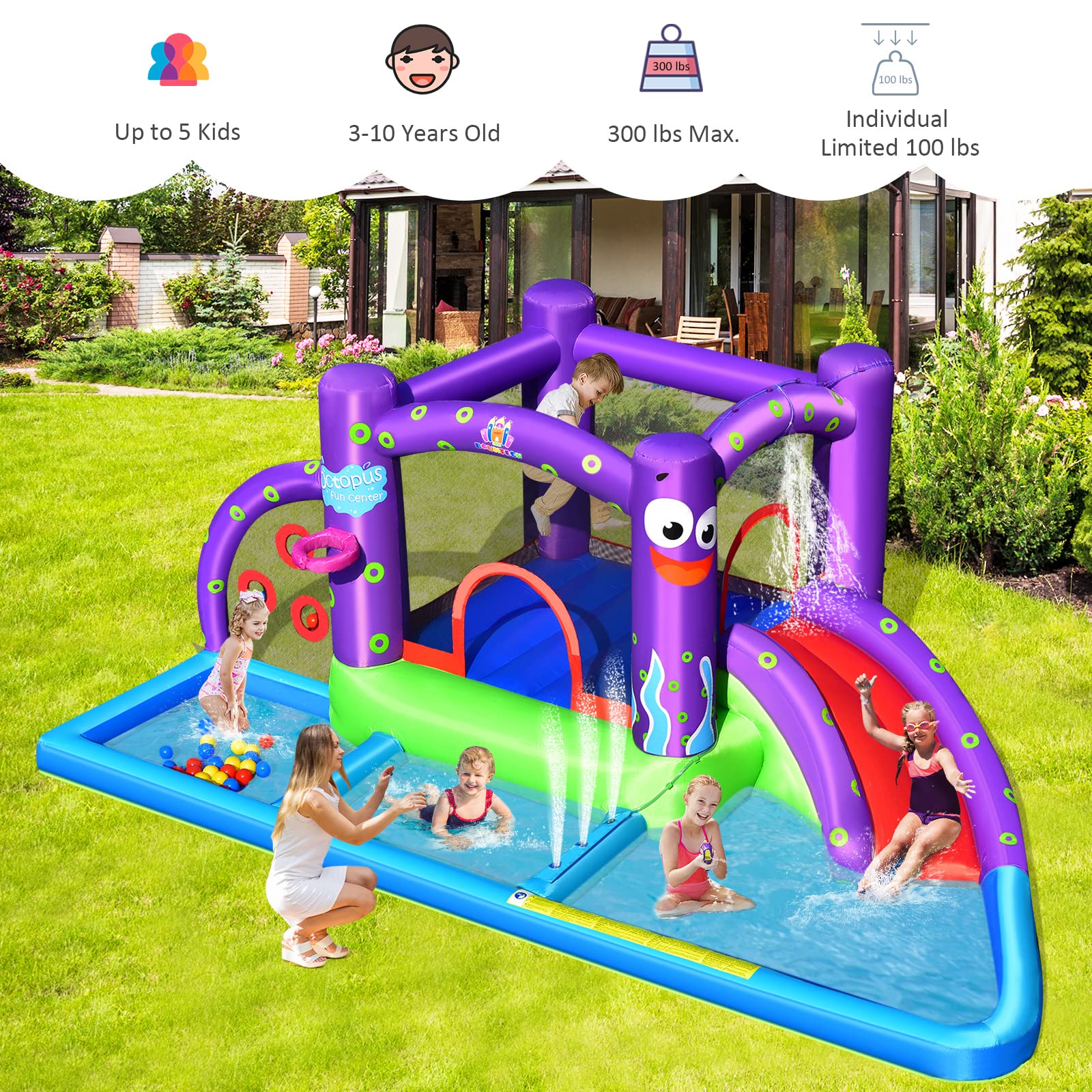 **HONEY JOY 6-in-1 Inflatable Water Slide & Bounce House with 750W Blower, Splash Pool, and Slide - Giant Outdoor Water Park for Kids & Adults - Perfect for Backyard Parties, Summer Fun, and Family Gatherings**
