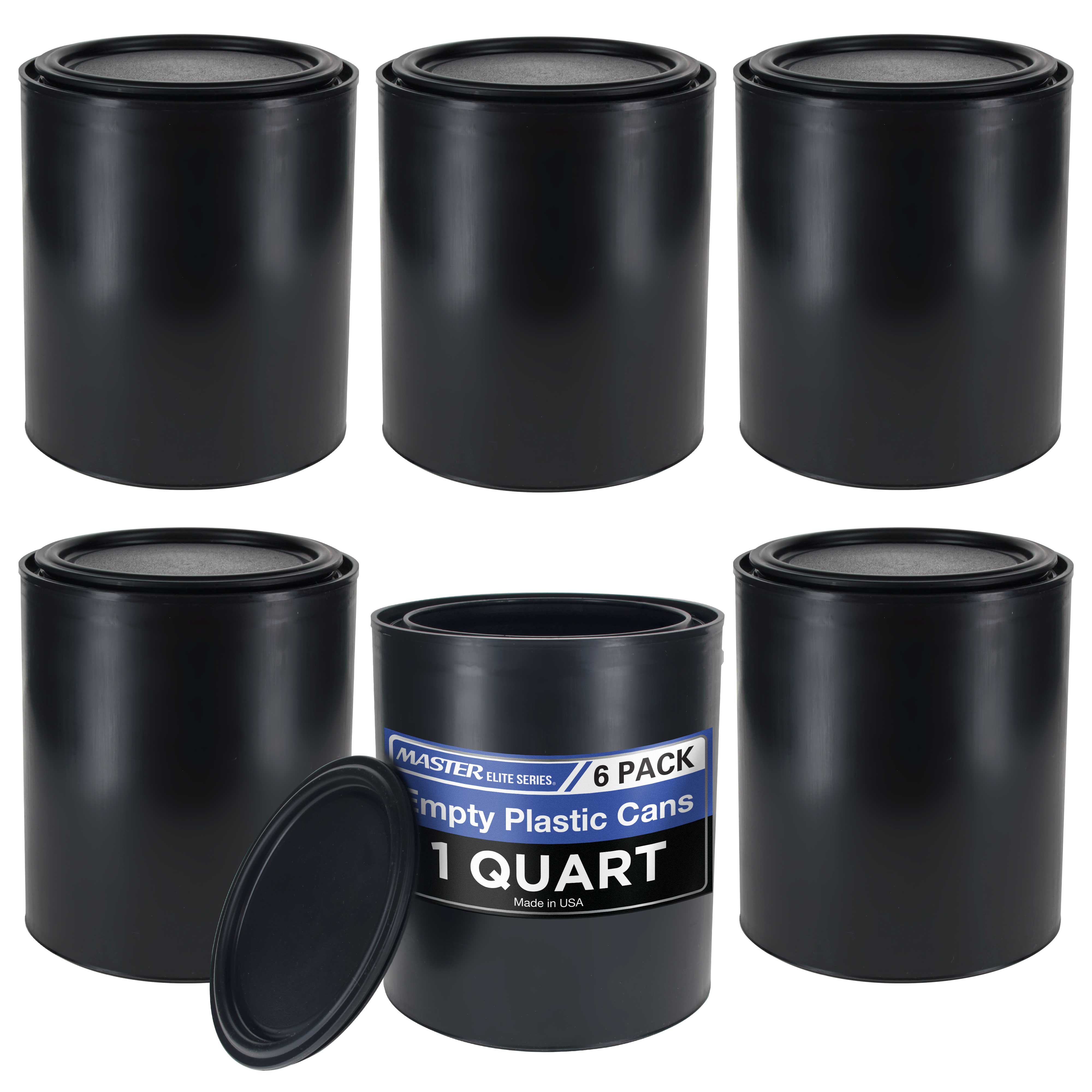 Master Elite 1 Quart (32 oz) Empty Plastic Paint Can Bucket with Triple Lock Airtight Lid - Pack of 6 - All Plastic Coating Storage Pail with Handle - Perfect for Paint Storage, DIY Projects & Home Organization