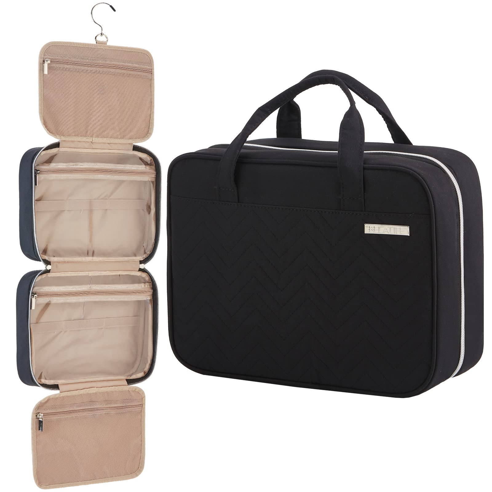 BELALIFE Large Hanging Travel Toiletry Bag for Women - Waterproof Makeup Organizer with Hook, Perfect for Cosmetics & Toiletries Accessories | Ideal for Travel, Gym, Camping & Daily Use (Black)