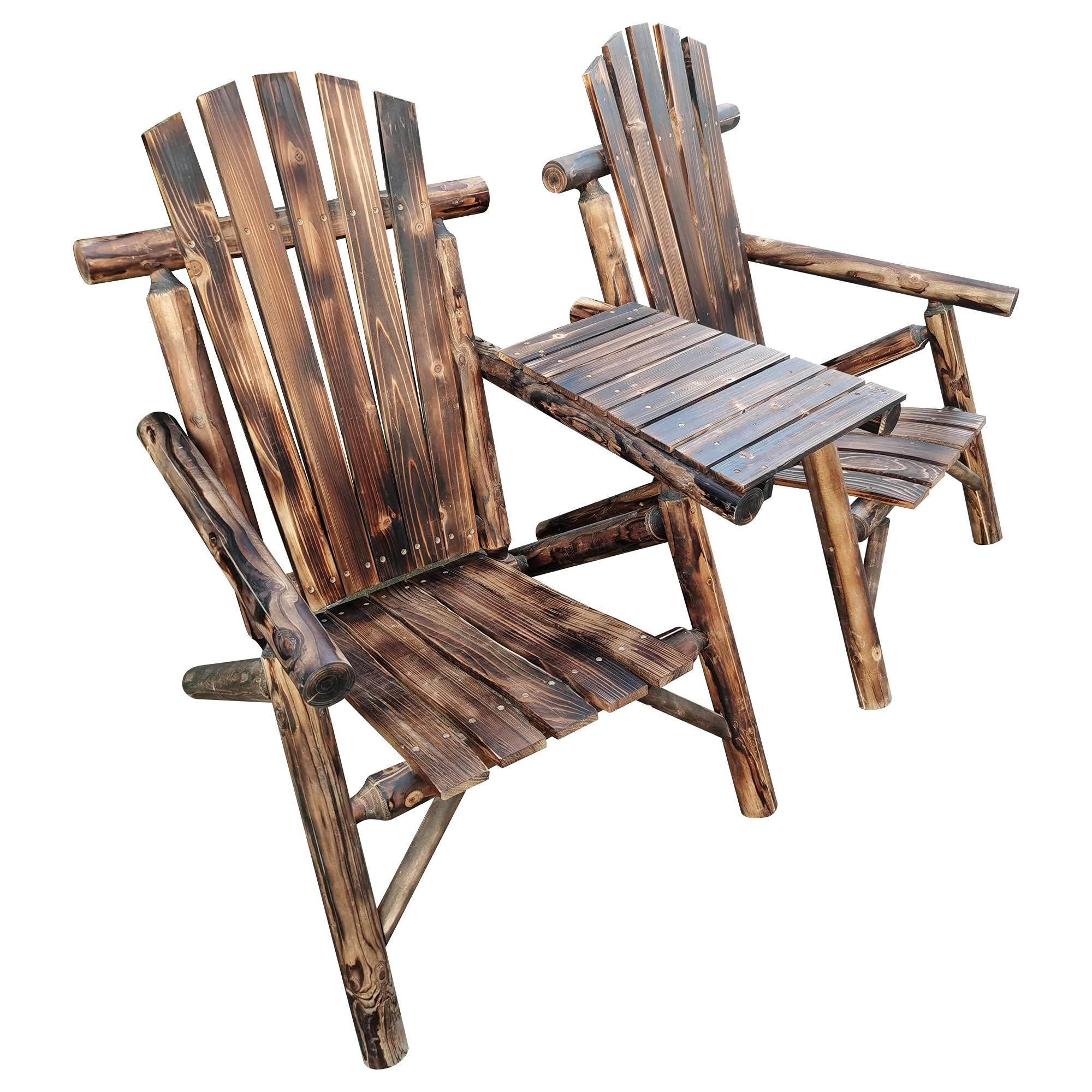 Rustic Solid Wood Outdoor Log Chairs Set of 2 with Center Coffee Table - Patio, Porch, Garden, Backyard Furniture for Relaxing and Entertaining