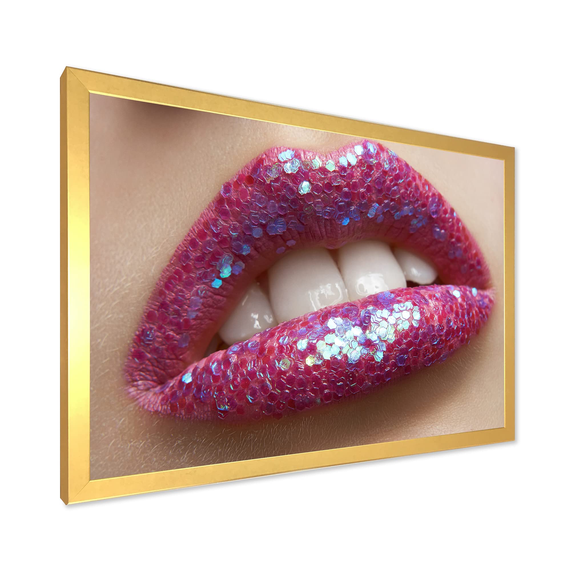 Pink Lipstick and Sequins Modern Framed Wall Art for Women - Elegant Home Decor for Living Room, Bedroom & Office