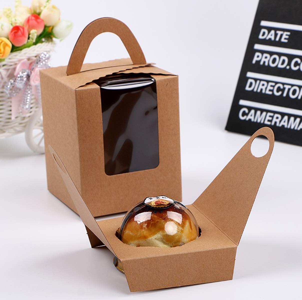 iHomeCooker 25-Piece Single White Cupcake Containers with Window Inserts & Handle - Elegant Wedding Candy Gift Boxes (25P-Handle-Brown) | Perfect for Party Favors, Baby Showers & Birthday Celebrations