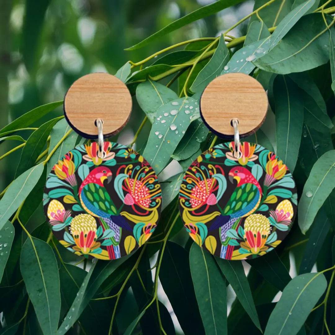 Handmade Australian Rosella Parrot Wooden Earrings - Unique Boho Bird Jewelry for Women - Perfect for Festivals, Parties & Nature Lovers