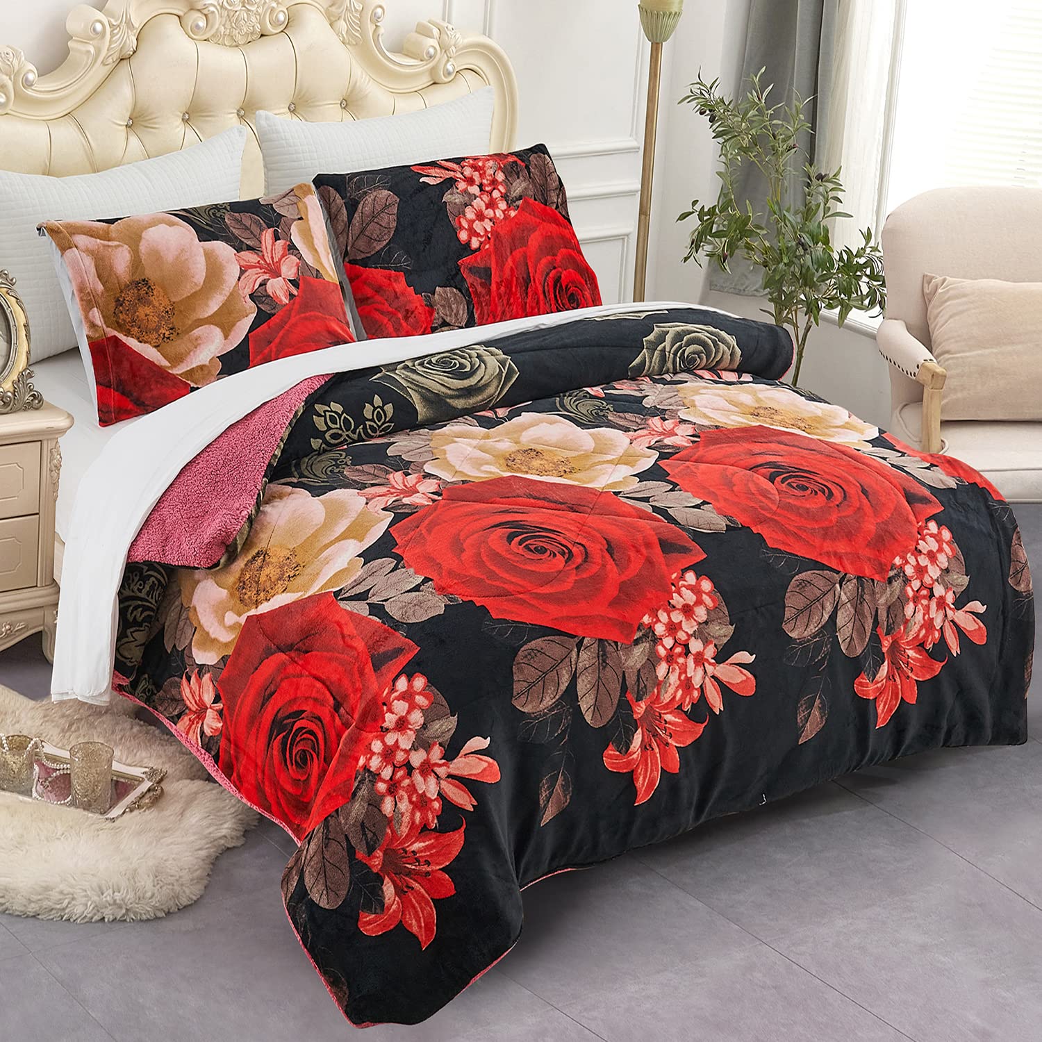 JML Fleece Blanket - Super Soft Reversible Sherpa for Winter (Black Rose, Queen) - Cozy Home & Travel Use