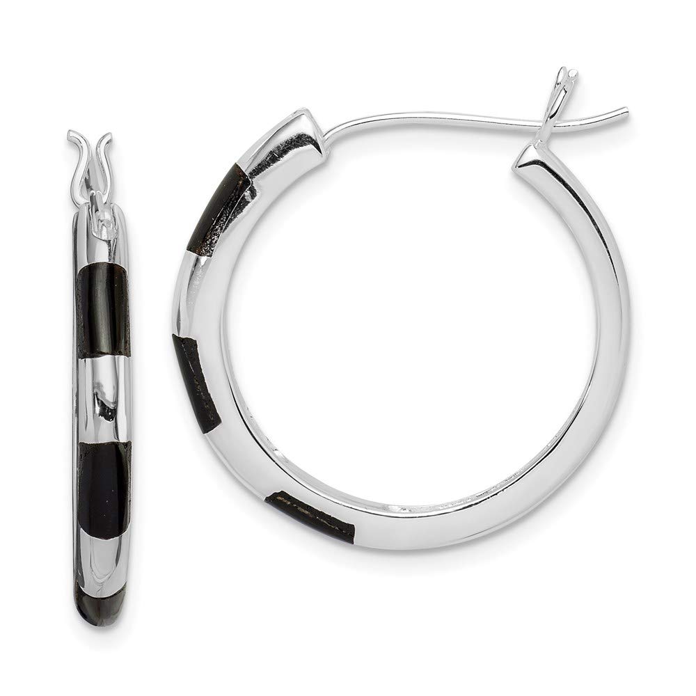 Sterling Silver Onyx Inlay Hoop Earrings for Women - 23mm 3mm Dainty Black Gemstone Jewelry - Perfect for Everyday Wear, Parties & Gifts (Style QE1069)