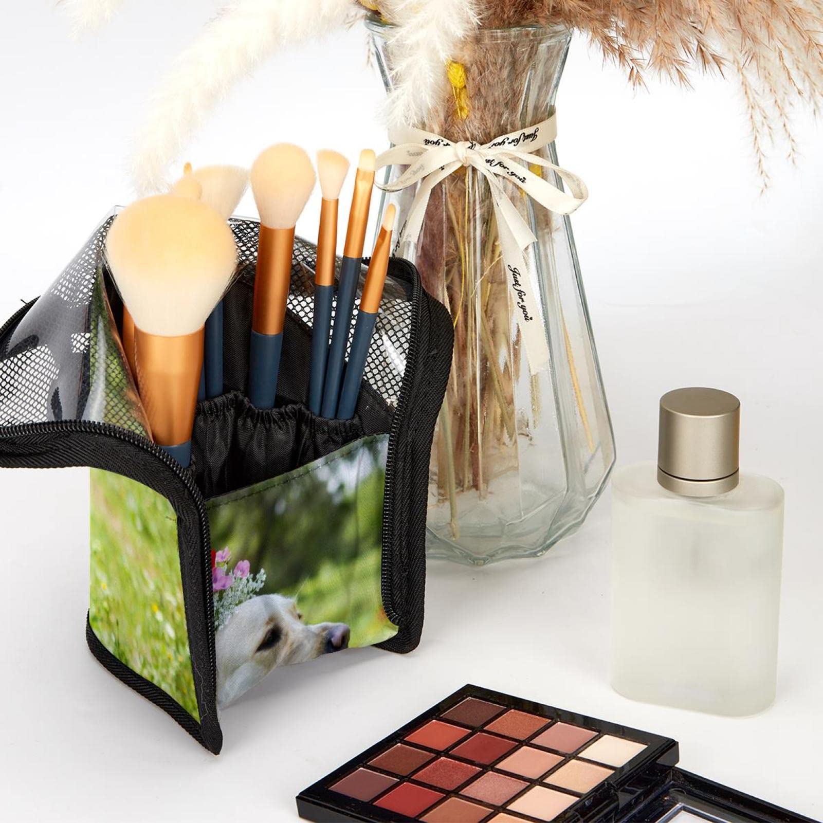 Golden Retriever Flower Field Makeup Brush Organizer Bag - 12 Piece Portable Brush Holder Set with Case for Travel & Home Vanity Storage