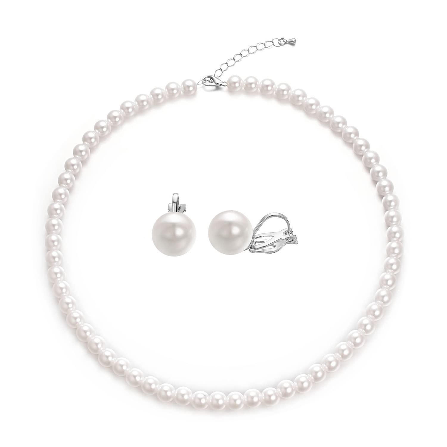 8mm & 10mm Faux Pearl Necklace and Earrings Set for Women - White & Black Round Glass Pearls Wedding Jewelry Gift Set - Perfect for Bridal, Prom, Anniversary and Formal Occasions
