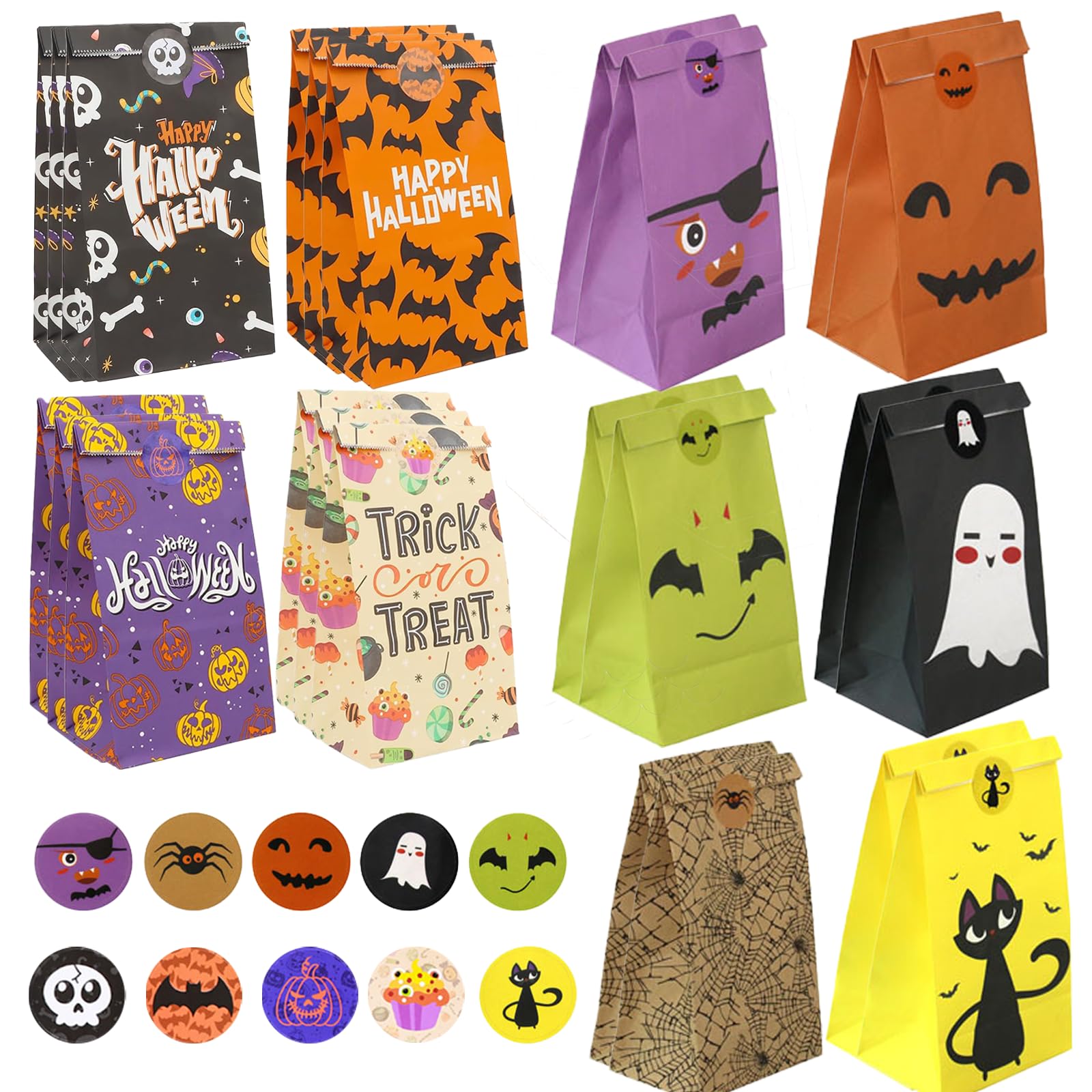 Halloween Trick or Treat Candy Bags - 24 Pack Halloween Party Favors with 24 Stickers, Small Gift Bags for Kids, Boys & Girls - Perfect for Trick or Treating, Classroom Treats & Halloween Party Supplies