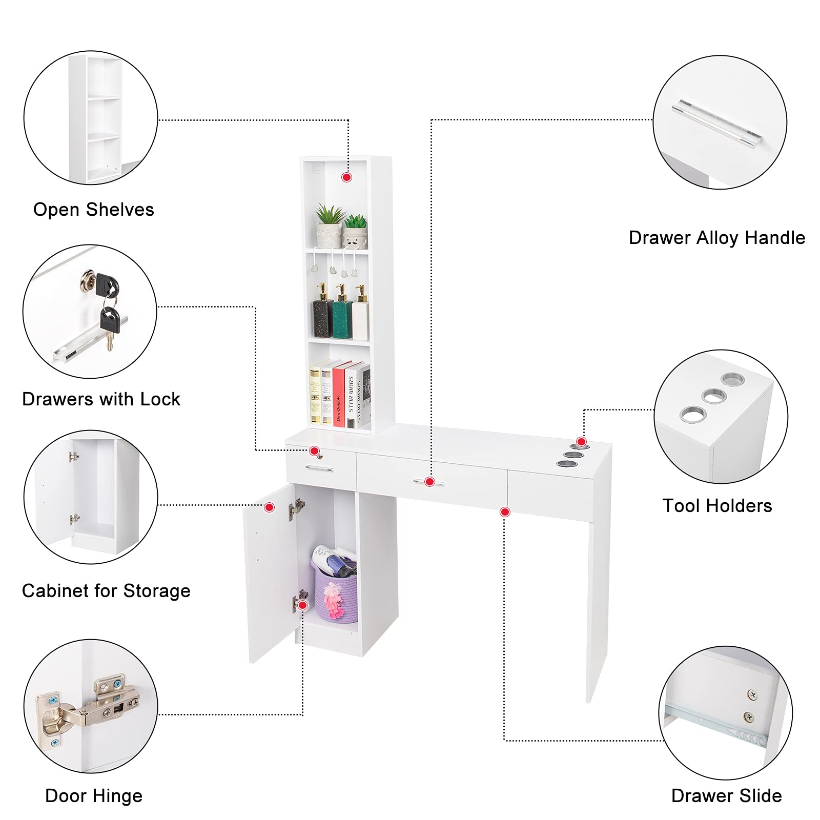 OmySalon Professional Barber Station with Wall Mount Mirror - Hair Stylist Salon Equipment with 3 Hair Dryer Holders, Open Shelves, 2 Drawers & Storage Cabinet - White | Perfect for Salon, Barbershop & Home Beauty Setup
