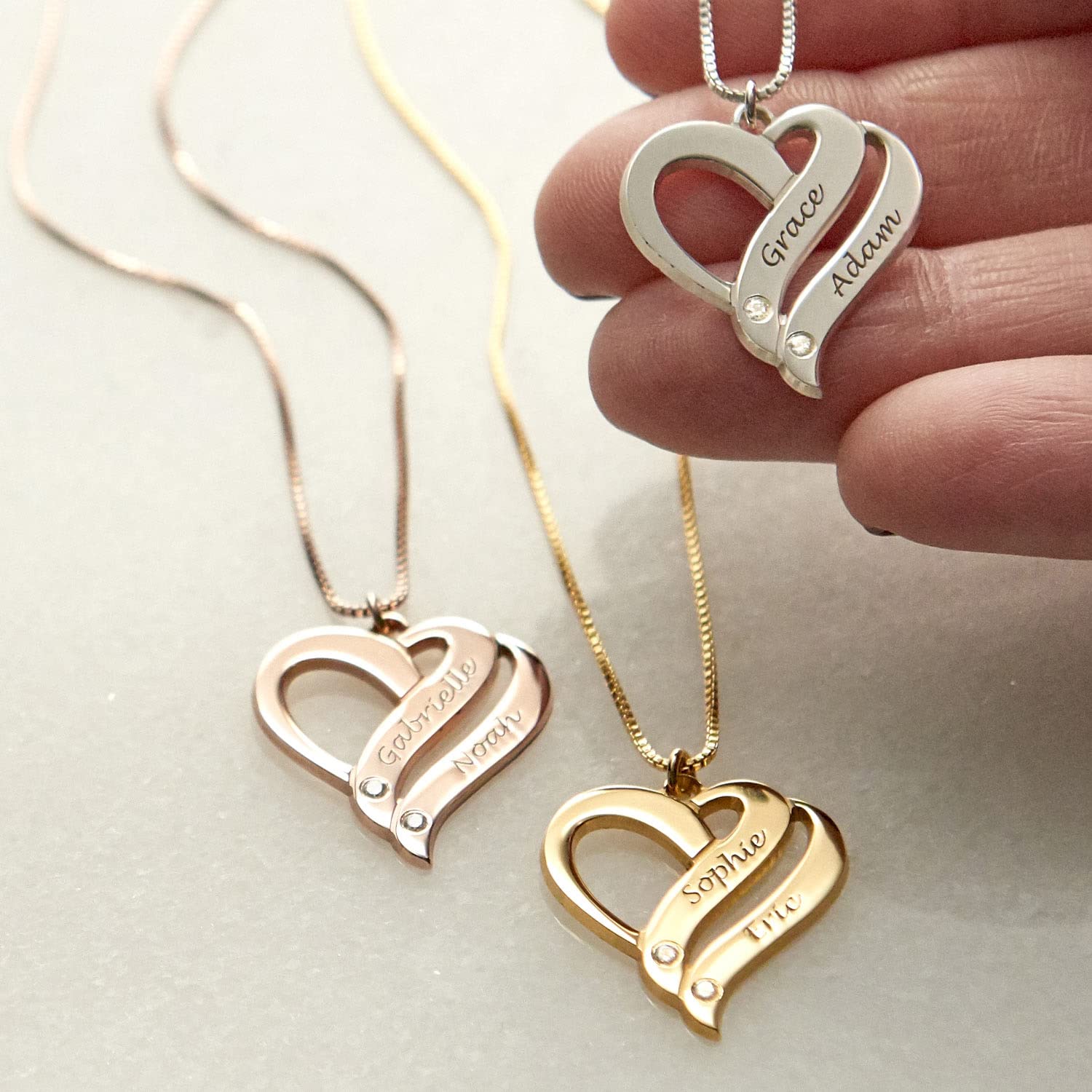 Personalized Two Hearts Forever One Necklace with Birthstones or Diamonds - Custom Name Jewelry for Women, Dainty Gift for Her - Perfect for Mother's Day, Christmas, Birthday & Anniversary - Elegant Everyday Wear & Special Occasion Jewelry