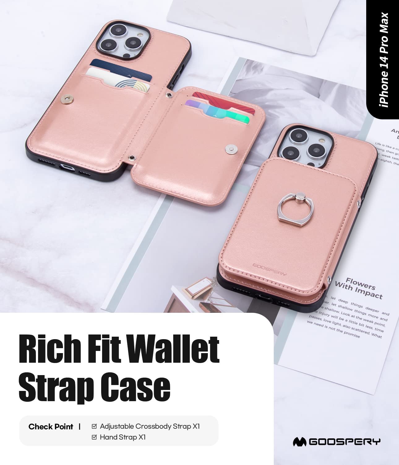iPhone 14 Pro Max Wallet Case with Card Holder - Heavy Duty Shockproof Protection, Rose Gold - Perfect for Travel, Shopping & Everyday Use