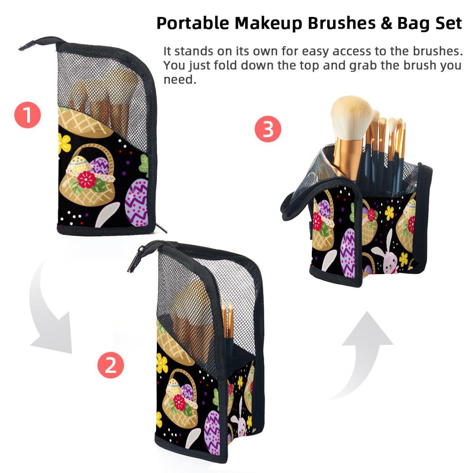 Portable Makeup Brush Organizer Bag with 12 Slots - Bunny Easter Eggs & Colorful Flowers Design - Travel Makeup Brush Holder Case for Professional Artists & Beginners - Perfect for Home, Travel, and On-the-Go Touch Ups