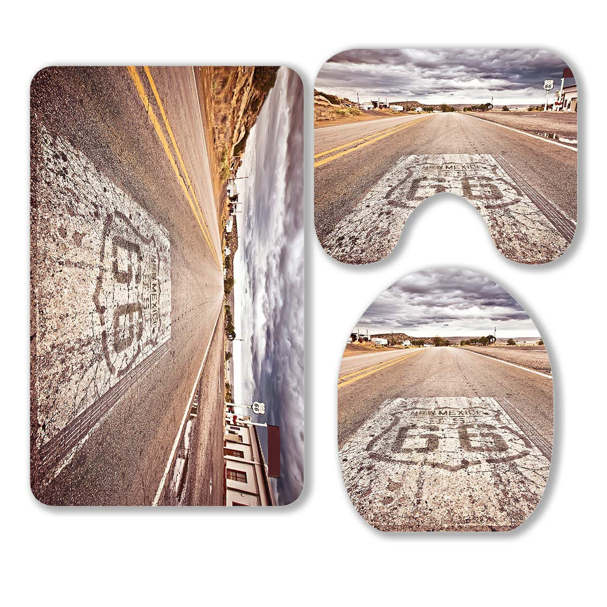 Vintage Route 66 Shield Design 3-Piece Bathroom Rug Set - Non-Slip Contour Mat & Toilet Lid Cover - Perfect for Retro Themed Bathrooms & Road Trip Enthusiasts