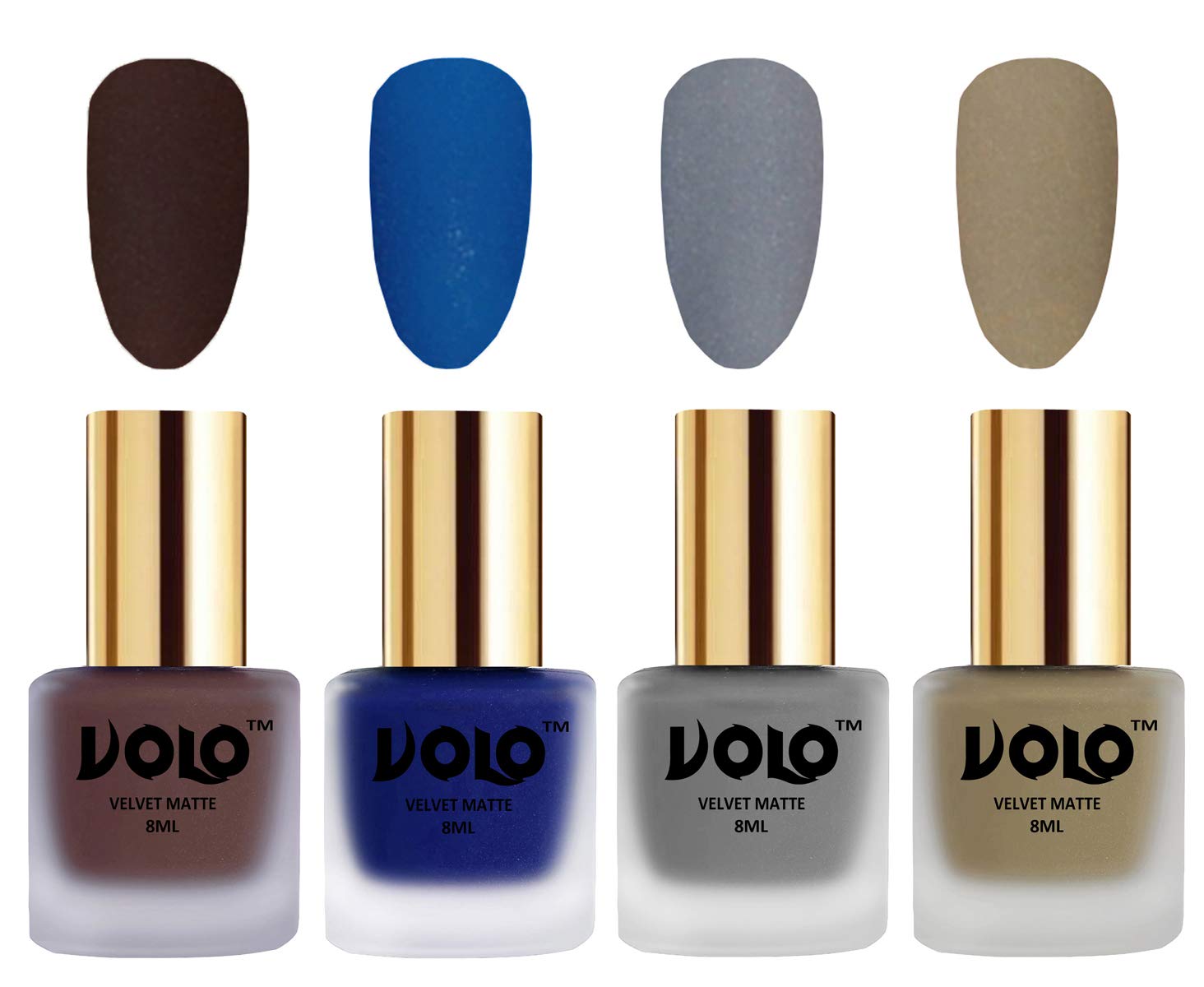 Volo Velvet Matte Nail Polish Set - Pack of 4 (Chocolate Brown, Blue, Grey, Sand Nude) 32ml Each | Long-Lasting Party & Evening Wear Nail Colors for Women | Perfect for Date Night, Weddings & Special Occasions